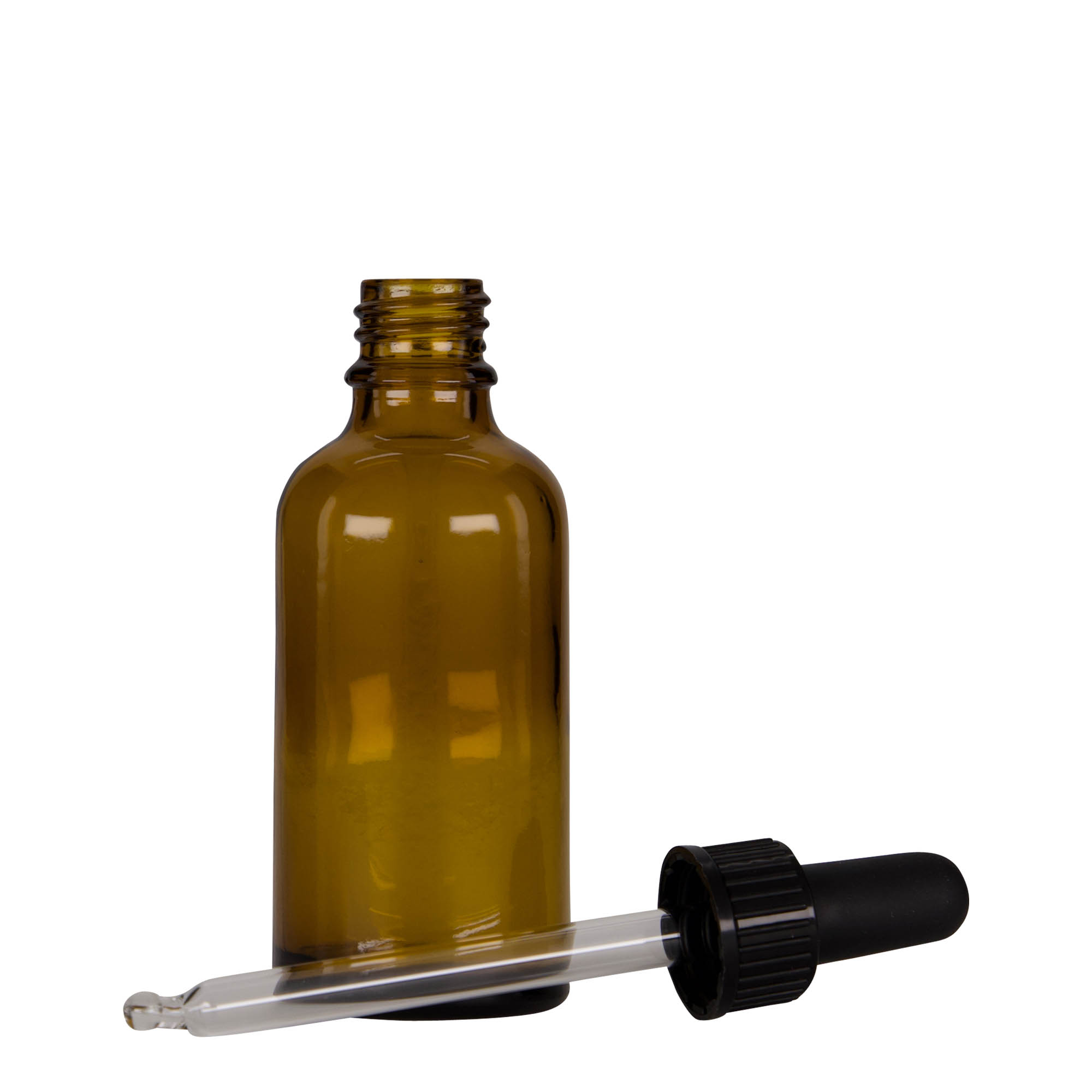 50 ml butelka z pipetą, medyczna, szklana, brązowo-czarna, gwint: DIN 18 50 ml butelka z pipetą, medyczna, szklana, brązowo-czarna, gwint: DIN 18