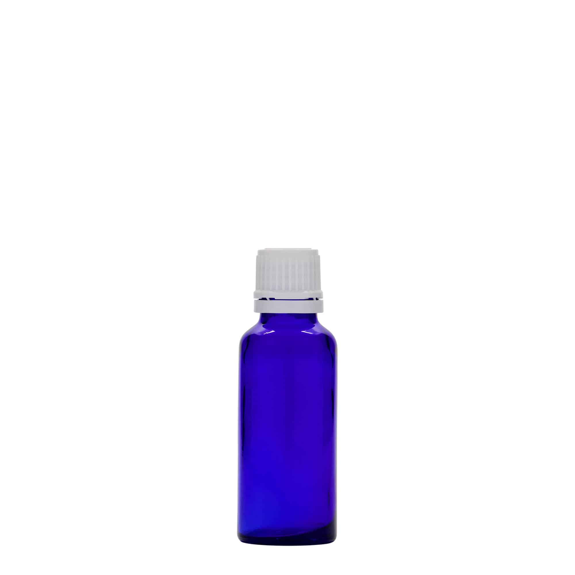 30 ml butelka farmaceutyczna, szkło, kolor błękit królewski, zamknięcie: DIN 18
