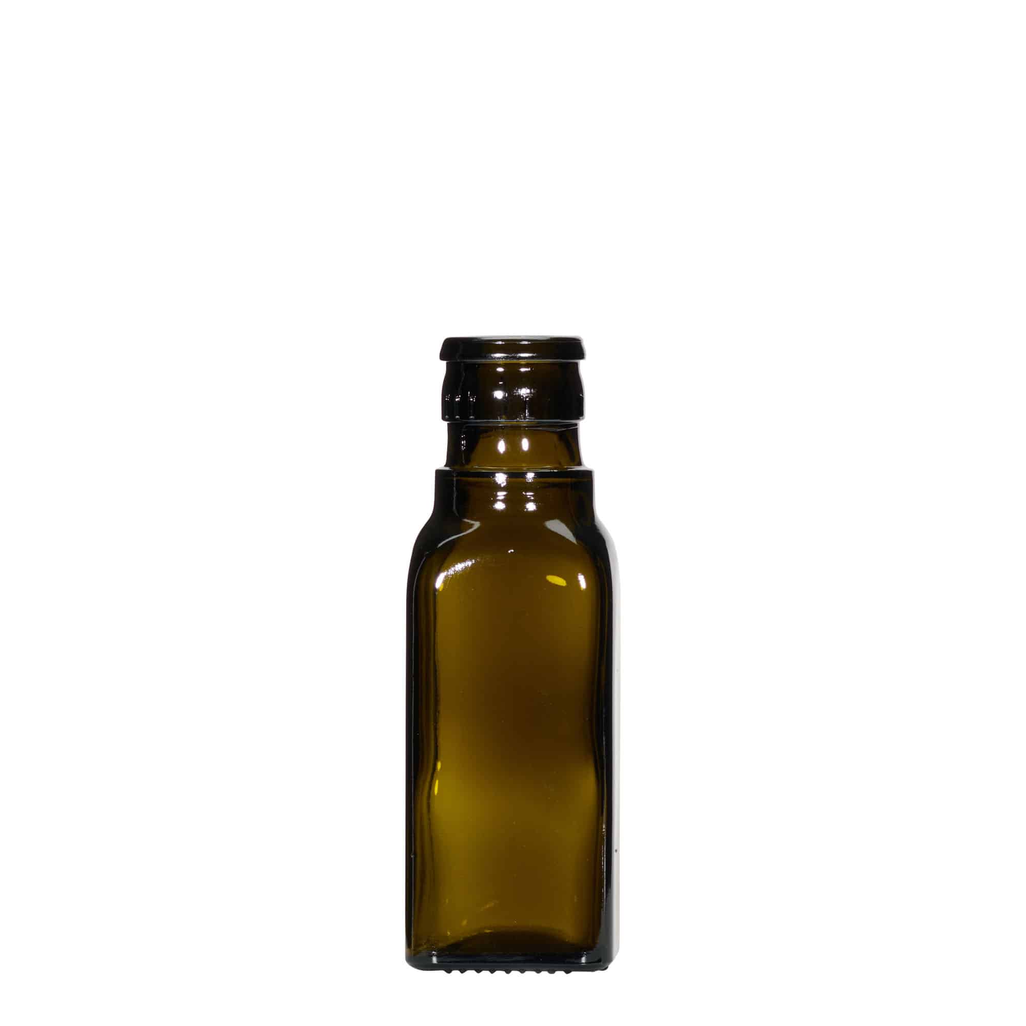 100 ml butelka na ocet/olej 'Quadra', szkło, kwadratowa, kolor zielony antyczny, zamknięcie: DOP 100 ml butelka na ocet/olej 'Quadra', szkło, kwadratowa, kolor zielony antyczny, zamknięcie: DOP
