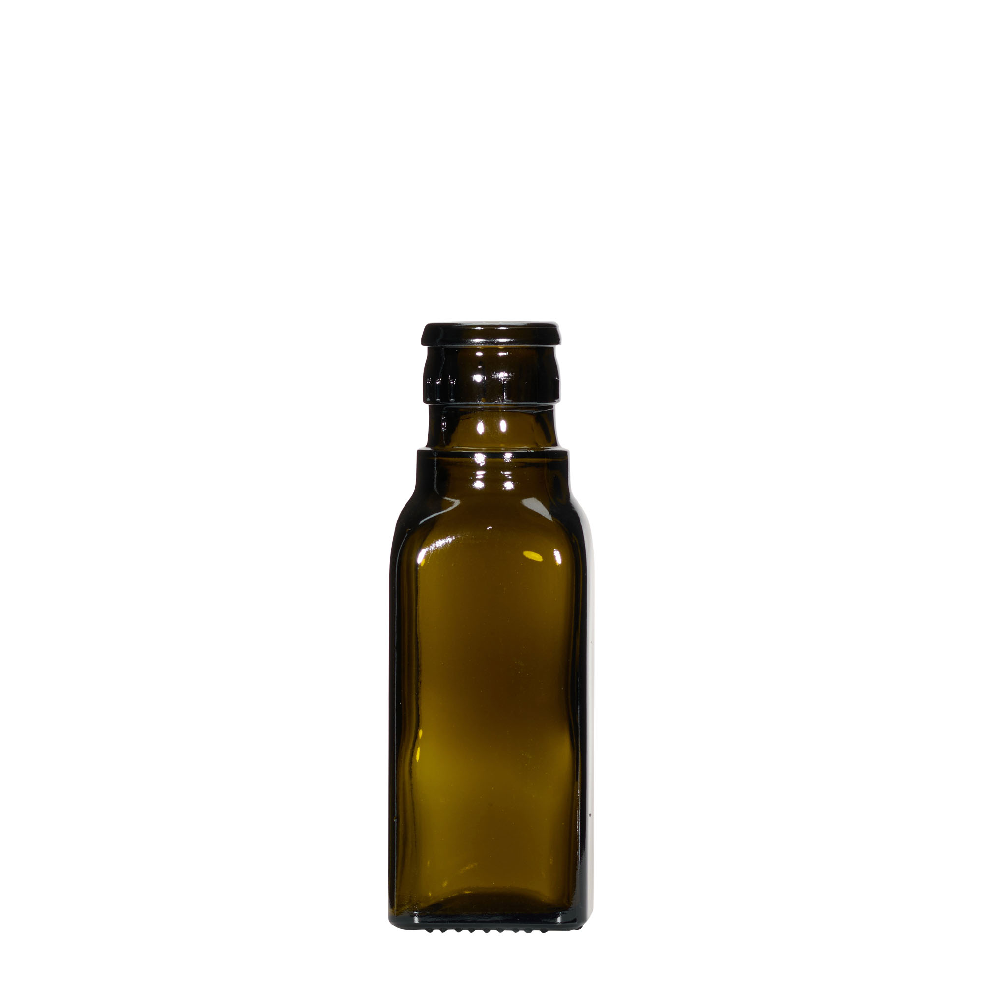 100 ml butelka na ocet/olej „Quadra”, szkło, kwadratowa, antyczny zielony, wylot: DOP 100 ml butelka na ocet/olej „Quadra”, szkło, kwadratowa, antyczny zielony, wylot: DOP