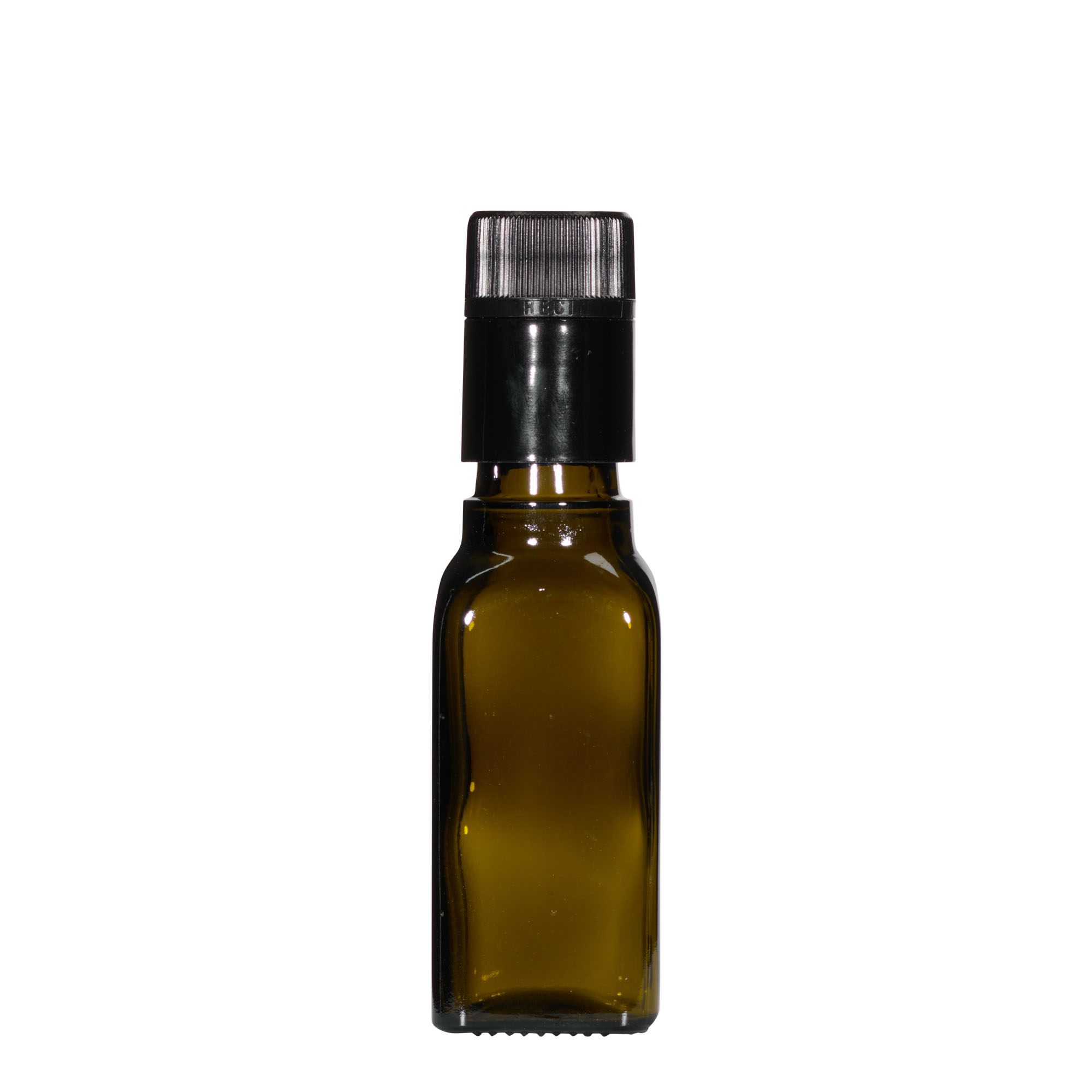 100 ml butelka na ocet/olej „Quadra”, szkło, kwadratowa, antyczny zielony, wylot: DOP