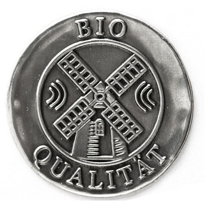Etykieta cynowa 'Bio Qualität', okrągła, metal, kolor srebrny