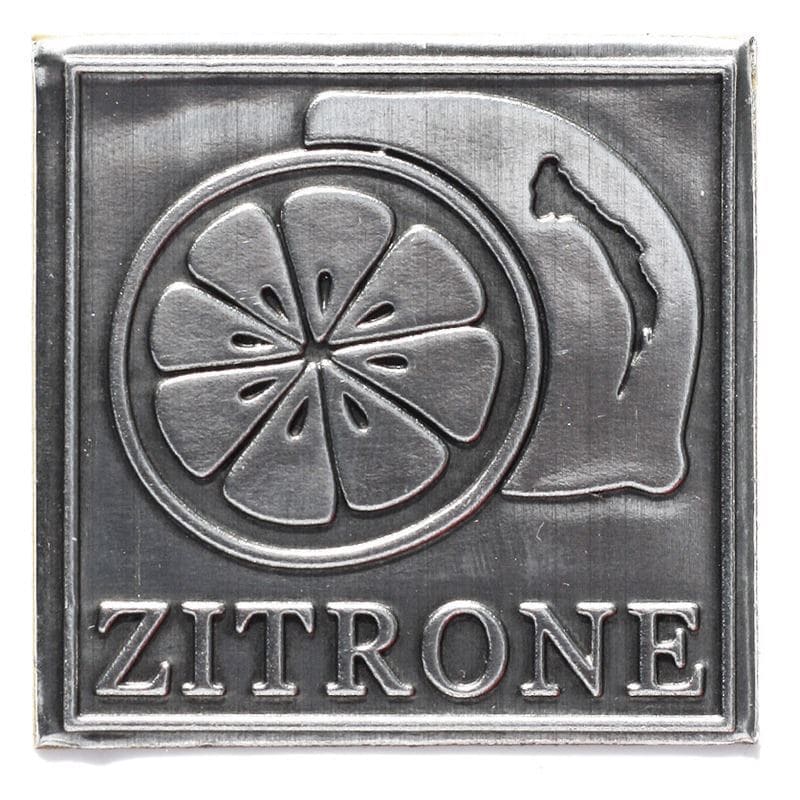 Etykieta cynowa 'Cytryna', kwadratowa, metal, kolor srebrny