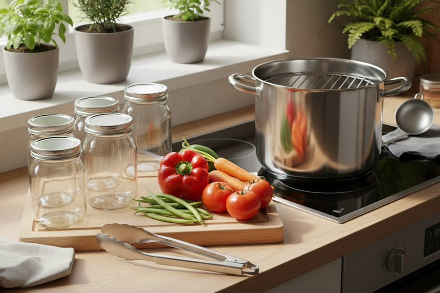 Osoba trzyma słoik z marynowanymi warzywami w lewej ręce i wskazuje na zawartość prawym palcem wskazującym