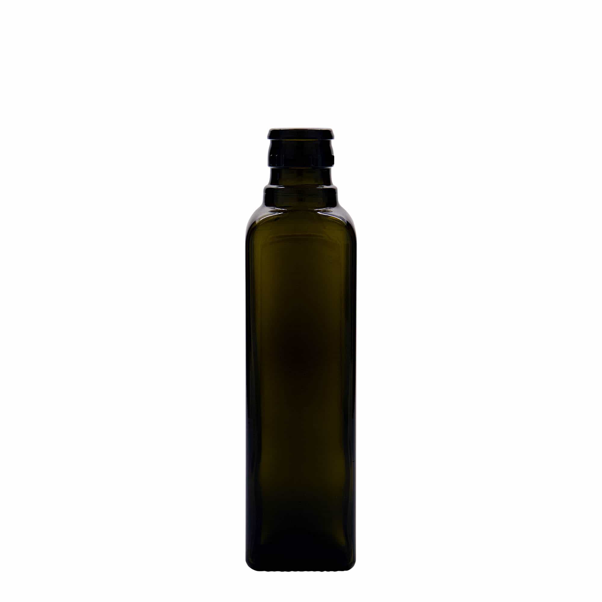 250 ml butelka na ocet/olej 'Quadra', szkło, kwadratowa, antyczna zieleń, wylot: DOP