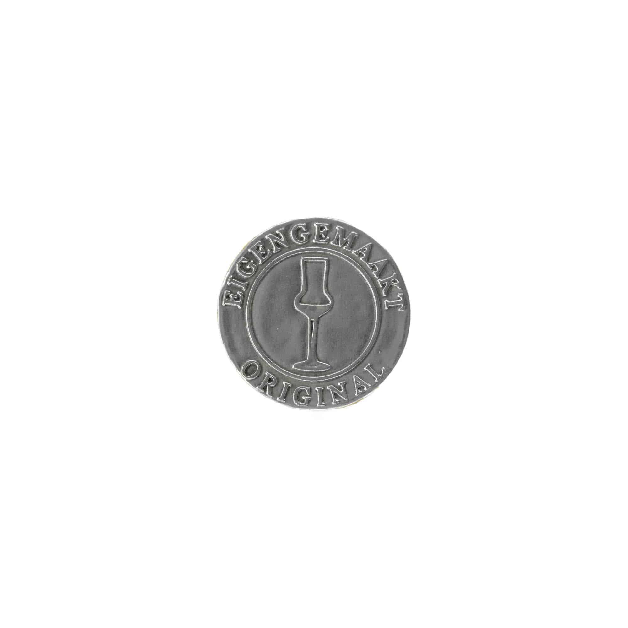 Etykieta cynowa 'Eigengemaakt', okrągła, metal, kolor srebrny