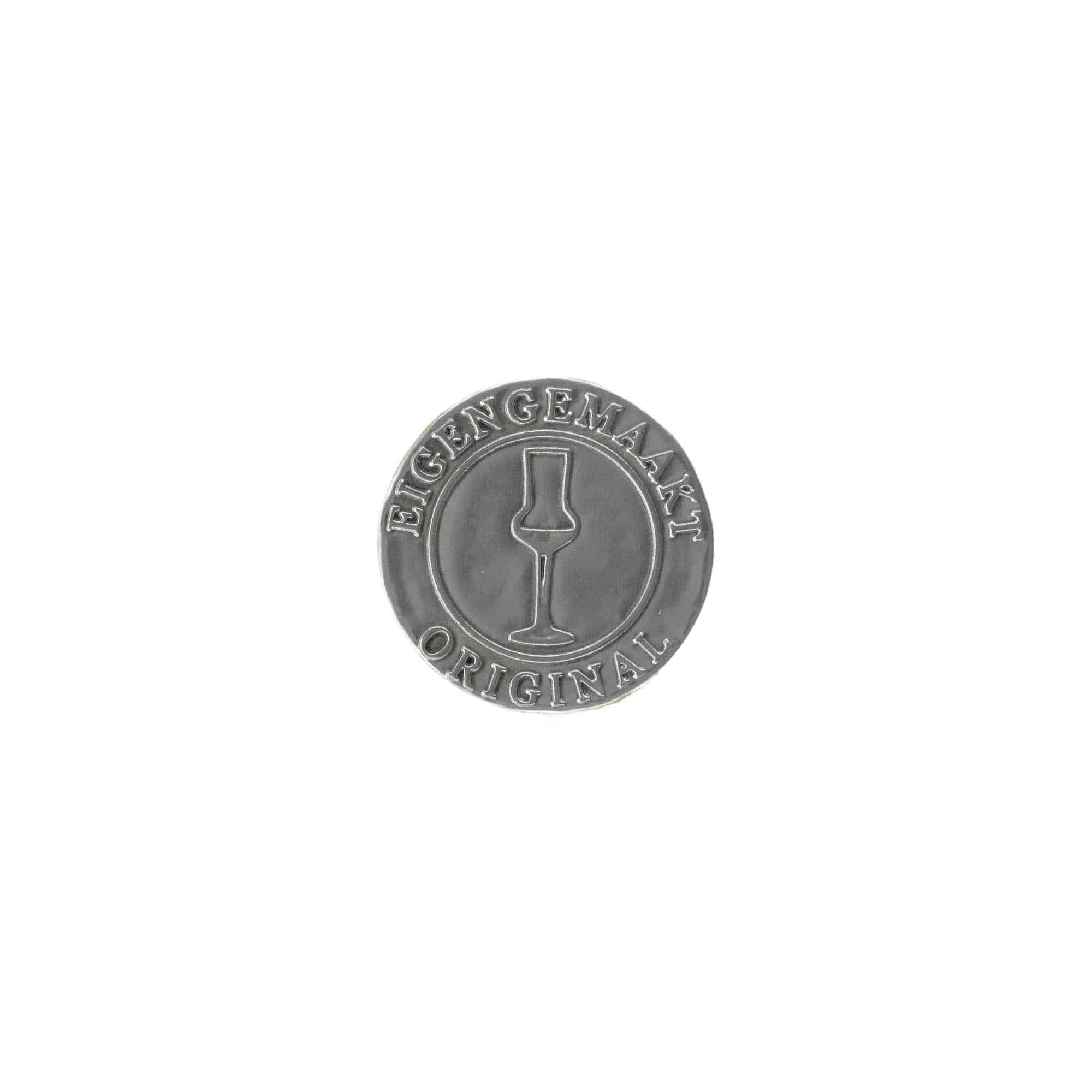 Etykieta cynowa 'Eigengemaakt', okrągła, metal, kolor srebrny Etykieta cynowa 'Eigengemaakt', okrągła, metal, kolor srebrny