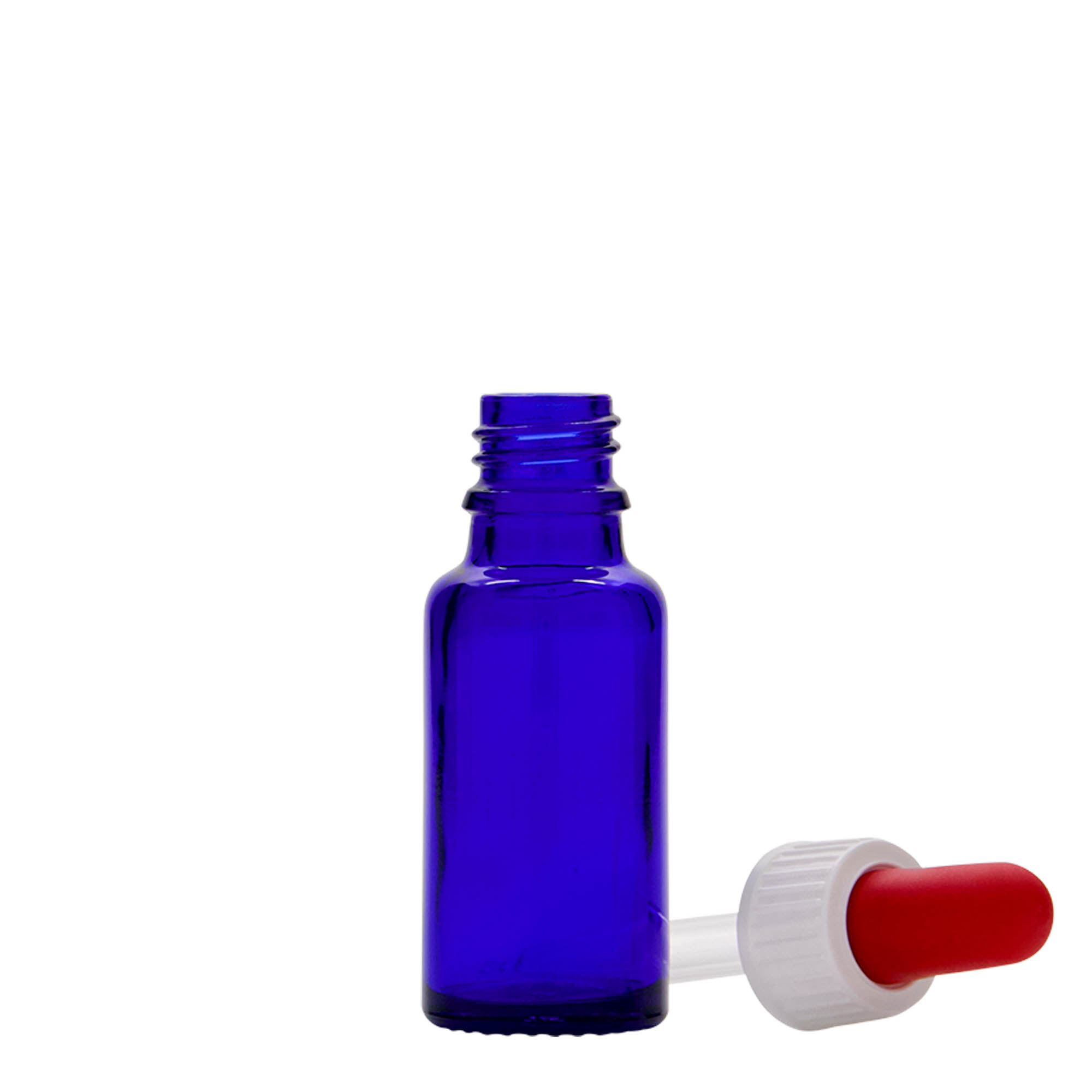20 ml butelka farmaceutyczna z pipetą, szkło, kolor błękit królewski i czerwony, zamknięcie: DIN 18