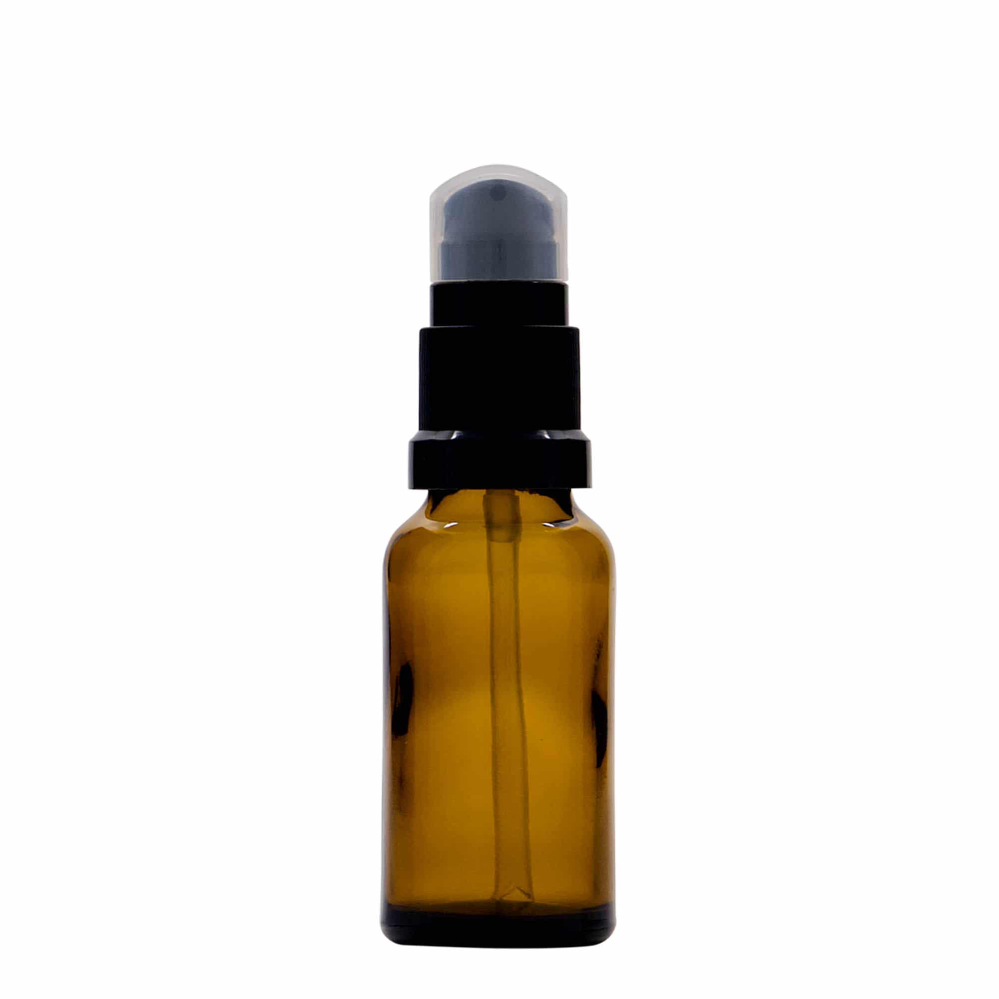 20 ml butelka medyczna z pompką do lotionu, szkło, brązowa, szyjka: DIN 18
