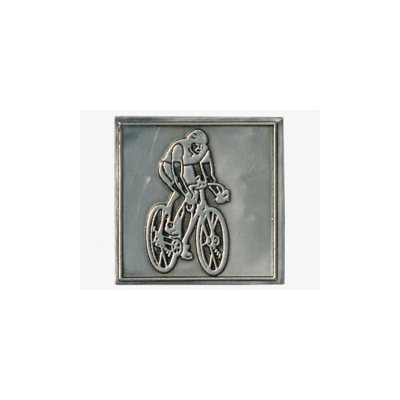 Etykieta cynowa 'Rowerzysta', kwadratowa, metal, kolor srebrny
