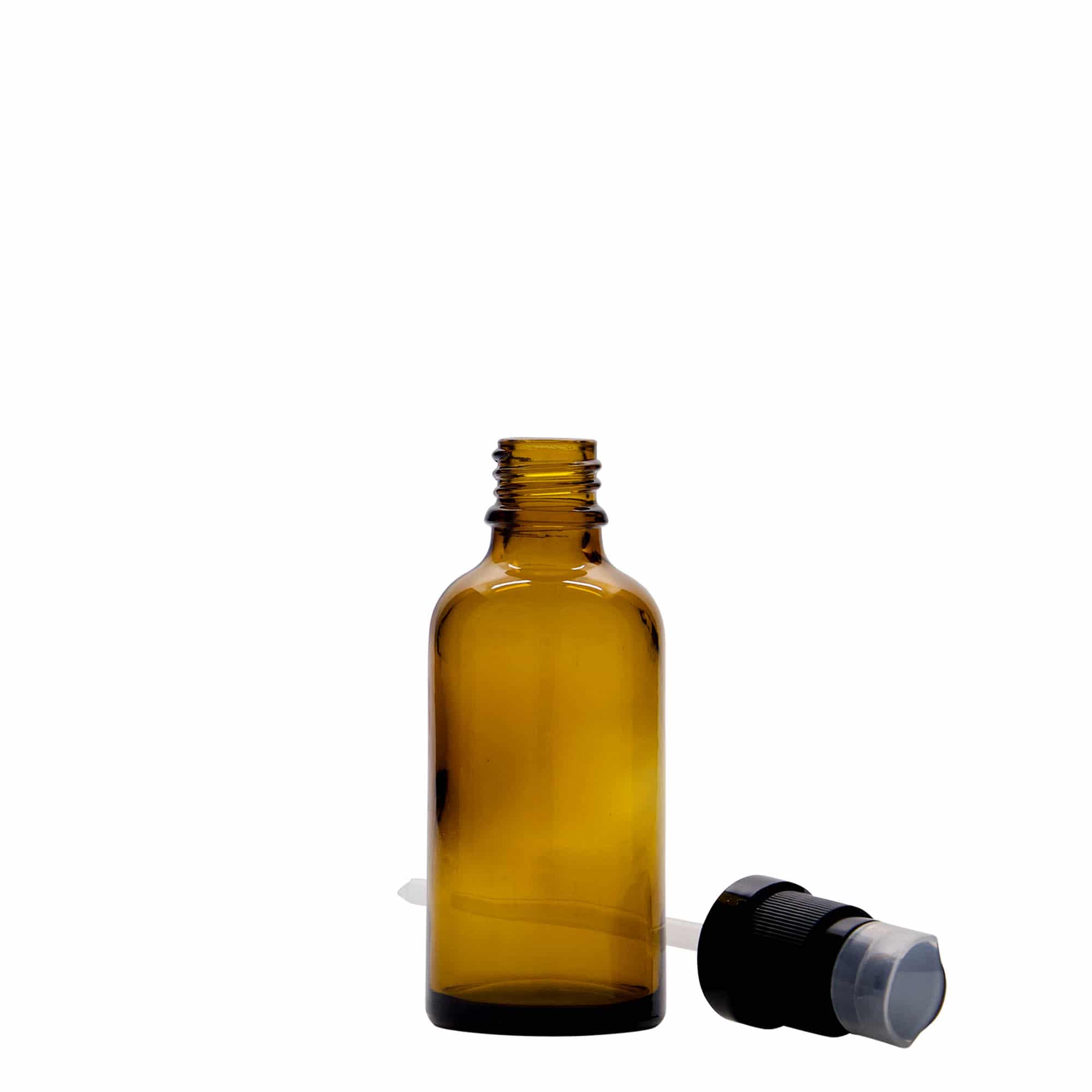 50 ml butelka medyczna z pompką do lotionu, szkło, brązowa, szyjka: DIN 18