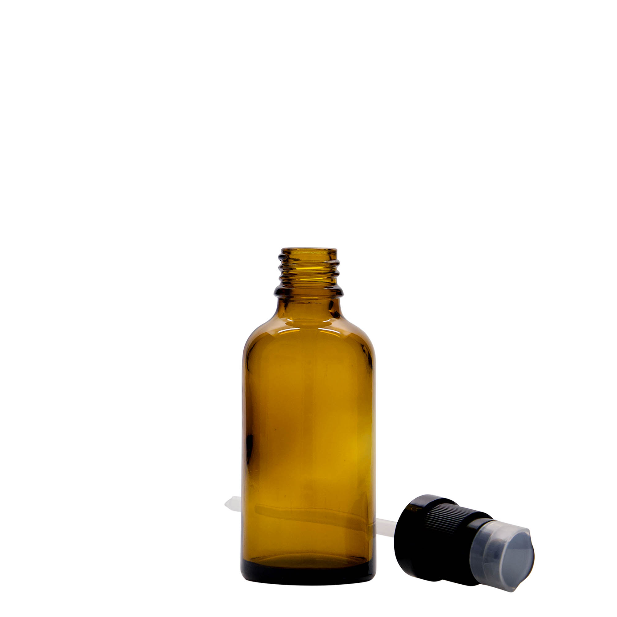 50 ml butelka medyczna z pompką do lotionu, szkło, brązowa, szyjka: DIN 18 50 ml butelka medyczna z pompką do lotionu, szkło, brązowa, szyjka: DIN 18