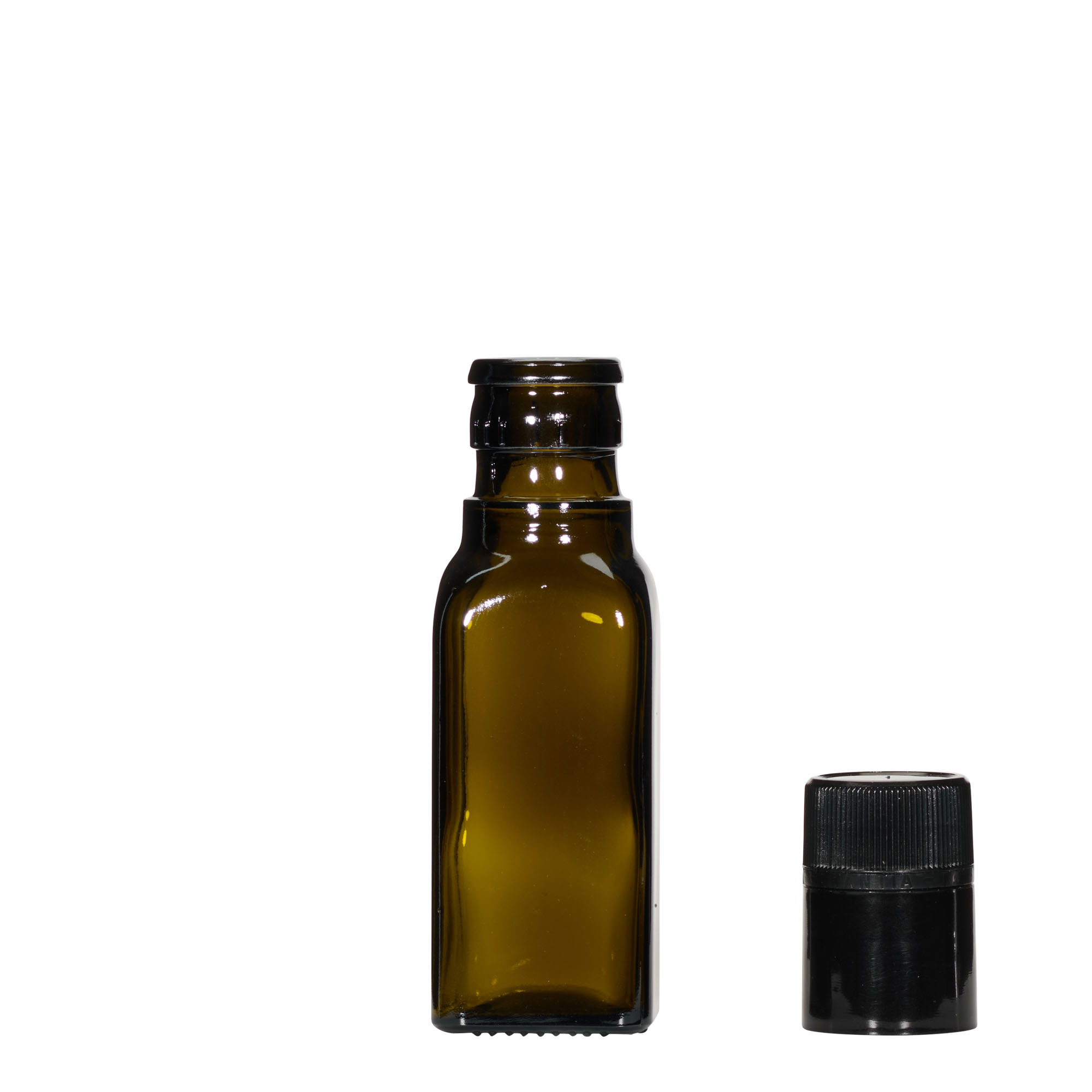 100 ml butelka na ocet/olej „Quadra”, szkło, kwadratowa, antyczny zielony, wylot: DOP 100 ml butelka na ocet/olej „Quadra”, szkło, kwadratowa, antyczny zielony, wylot: DOP
