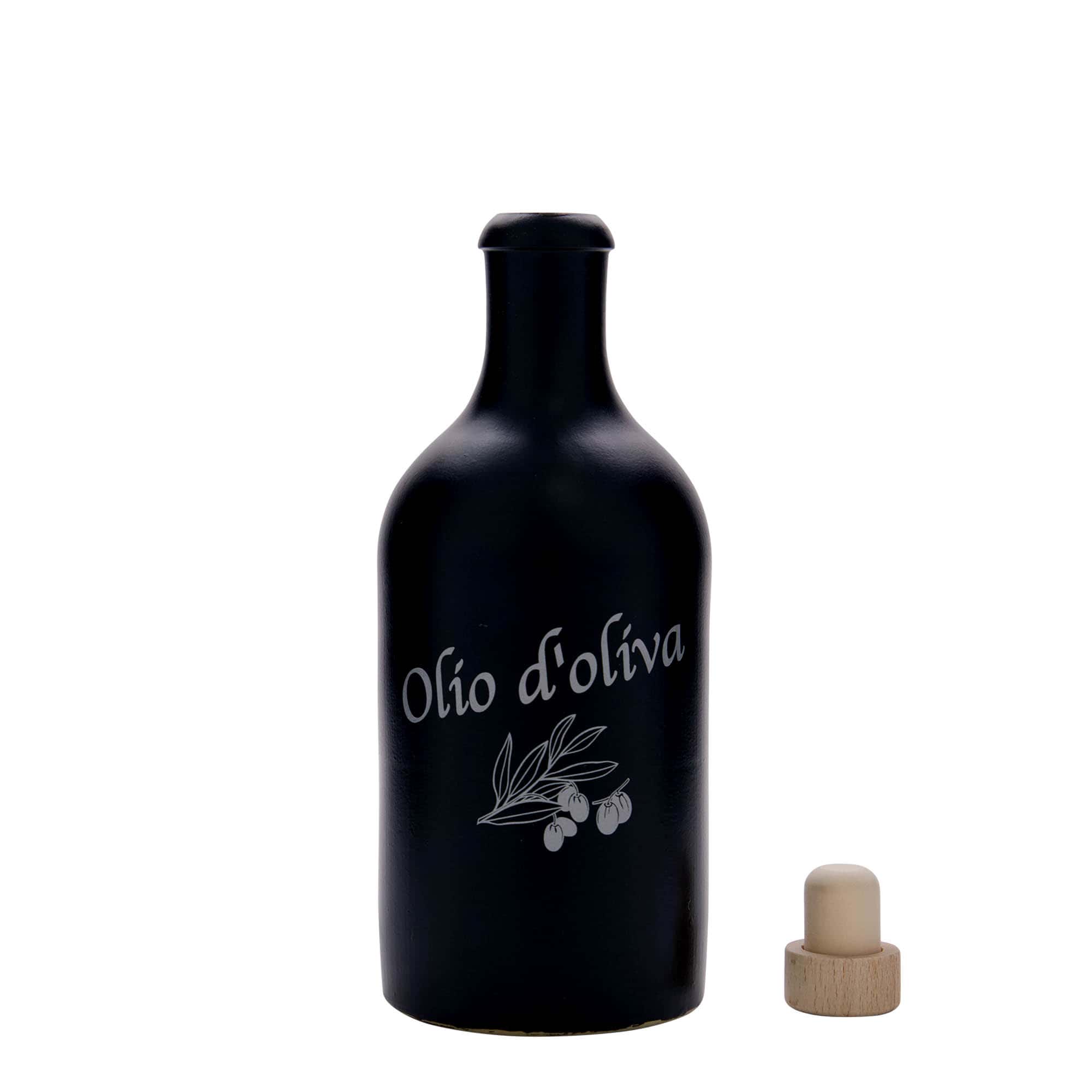 500 ml gliniany dzbanek, wzór: Olio d'Oliva, kamionka, kolor czarny, zamknięcie: korek