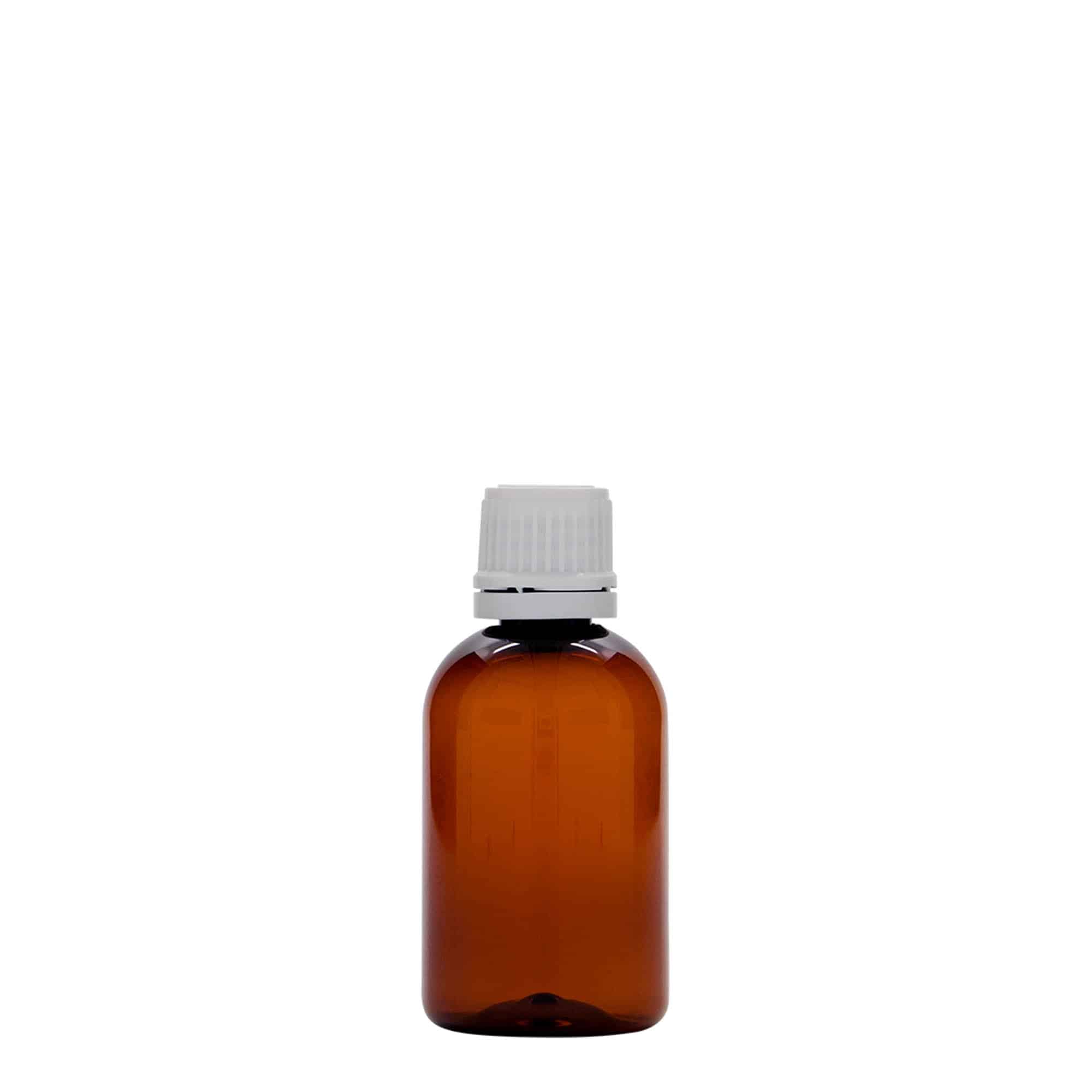 50 ml butelka farmaceutyczna PET 'Easy Living', kolor brązowy, tworzywo sztuczne, zamknięcie: DIN 18