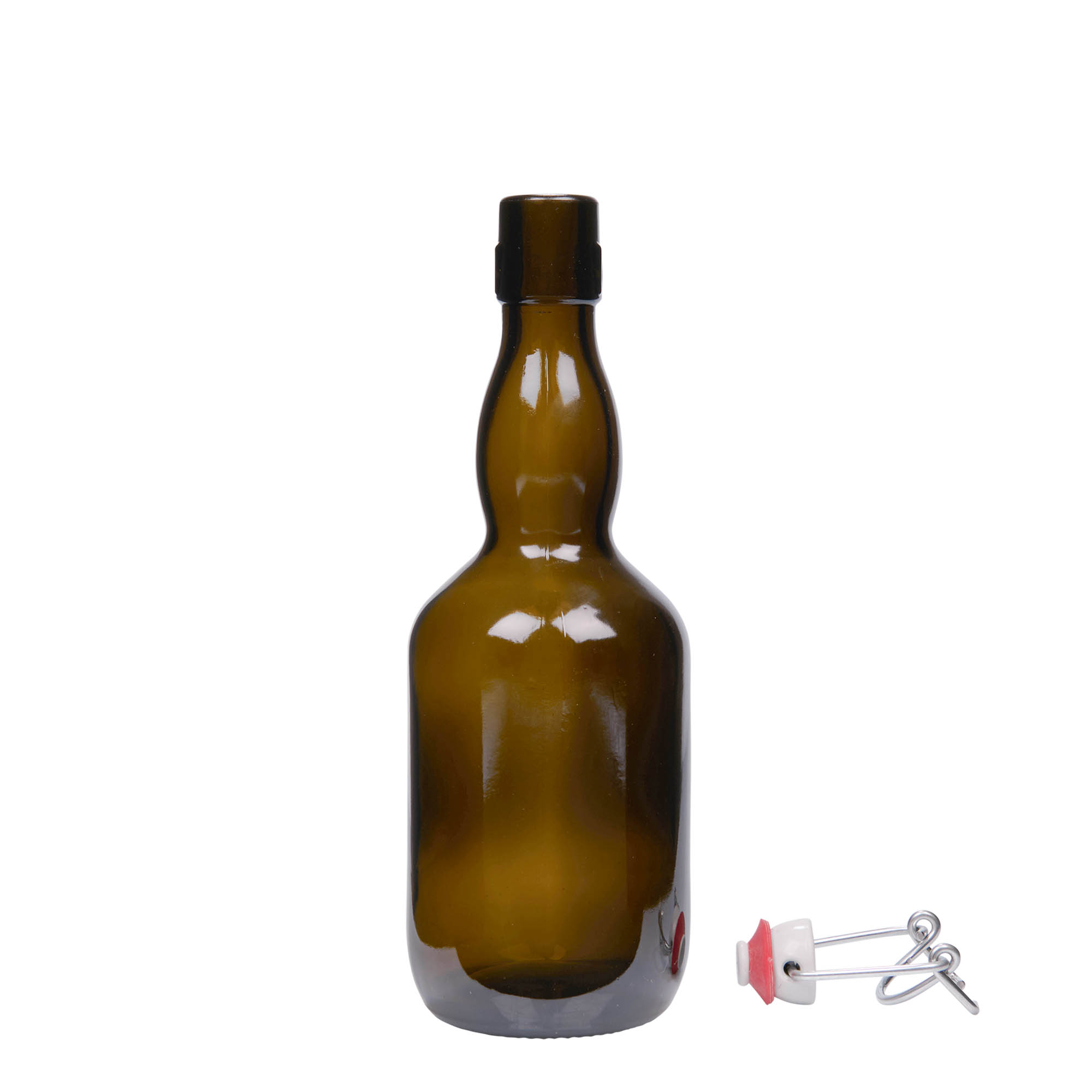 500 ml butelka piwna z szyjką kropfową, szkło, antyczny zielony, otwór: zamknięcie na klamrę