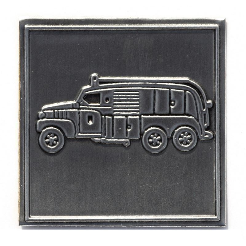 Etykieta cynowa 'Wóz strażacki', kwadratowa, metal, kolor srebrny