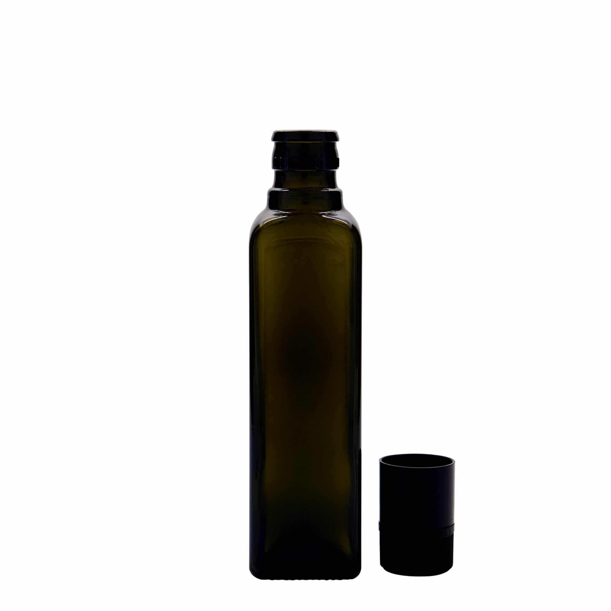 250 ml butelka na ocet/olej 'Quadra', szkło, kwadratowa, antyczna zieleń, wylot: DOP