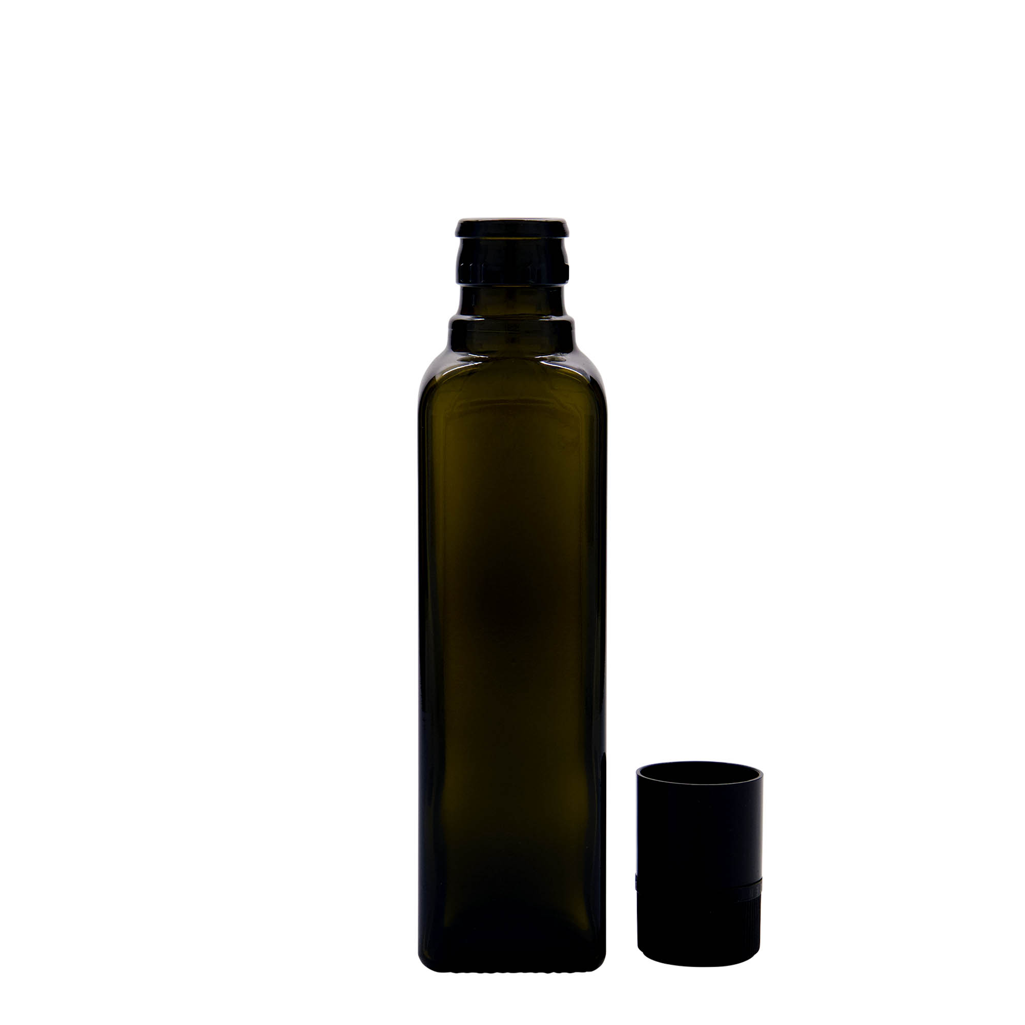 250 ml butelka na ocet/olej 'Quadra', szkło, kwadratowa, antyczna zieleń, wylot: DOP