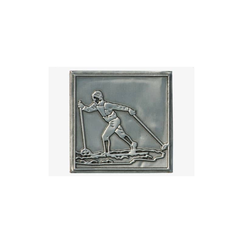 Etykieta cynowa 'Narciarze biegowi', kwadratowa, metal, kolor srebrny Etykieta cynowa 'Narciarze biegowi', kwadratowa, metal, kolor srebrny