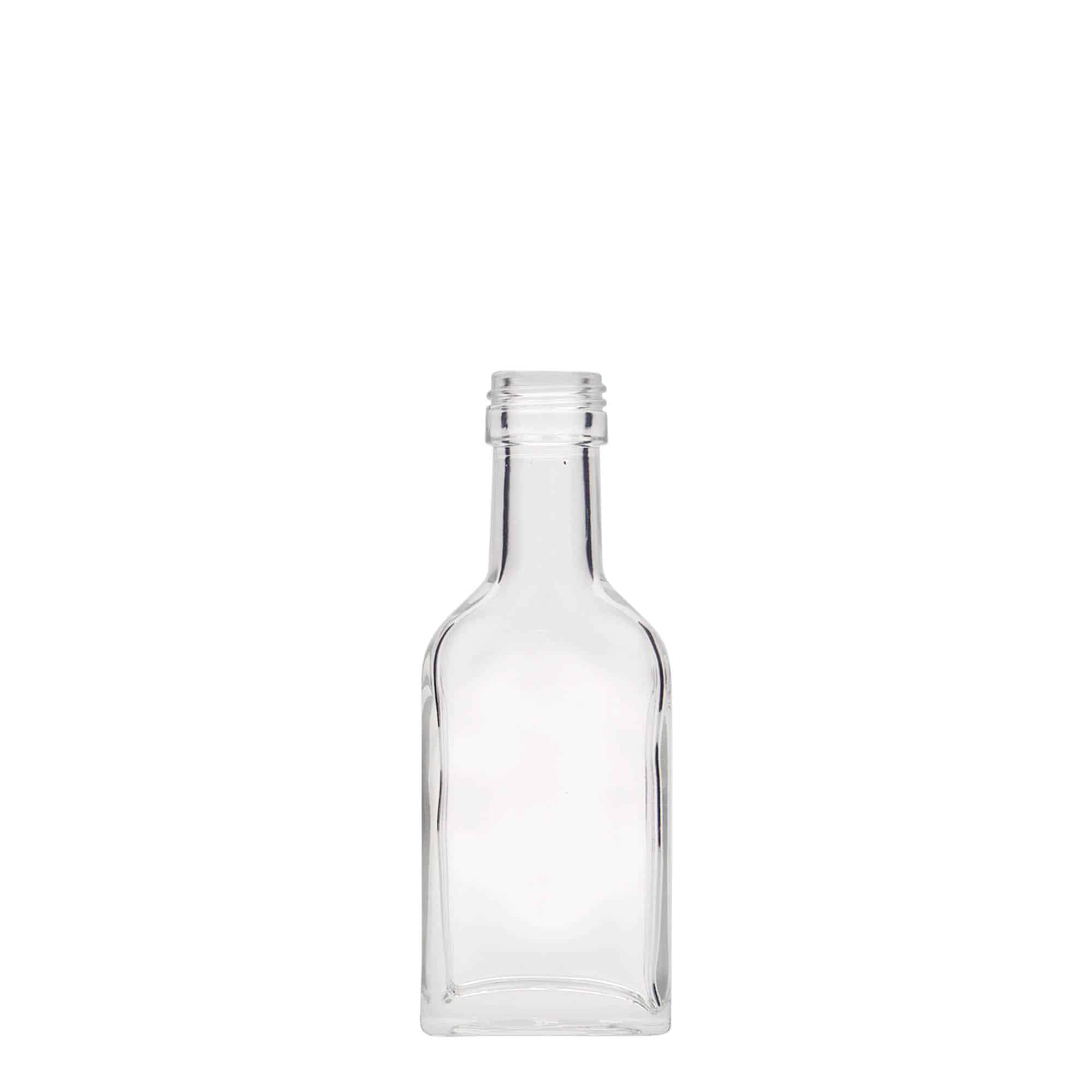 40 ml butelka kieszonkowa z długą szyjką, prostokątna, szkło, wlew: PP 22 40 ml butelka kieszonkowa z długą szyjką, prostokątna, szkło, wlew: PP 22