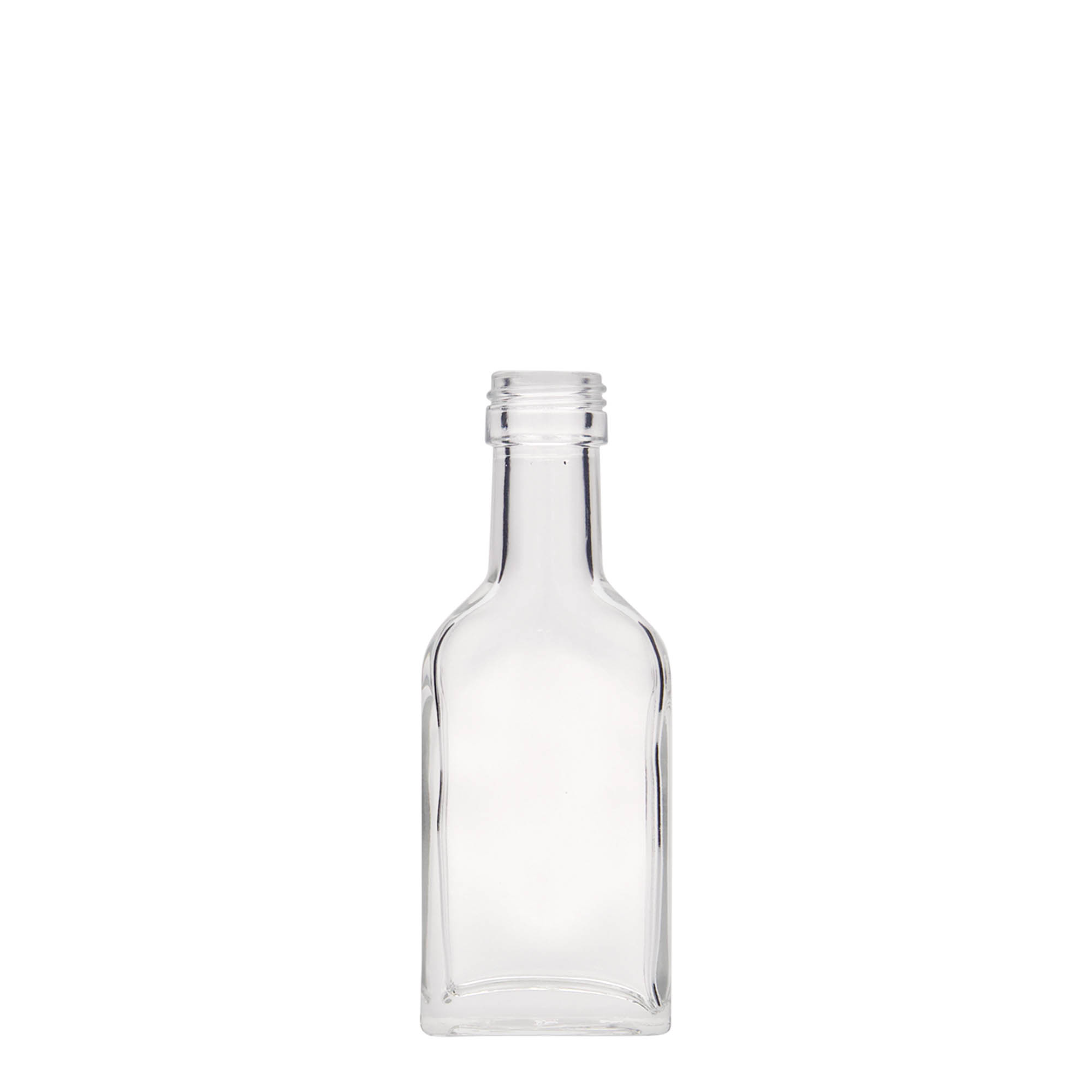 40 ml butelka kieszonkowa z długą szyjką, prostokątna, szkło, wlew: PP 22 40 ml butelka kieszonkowa z długą szyjką, prostokątna, szkło, wlew: PP 22