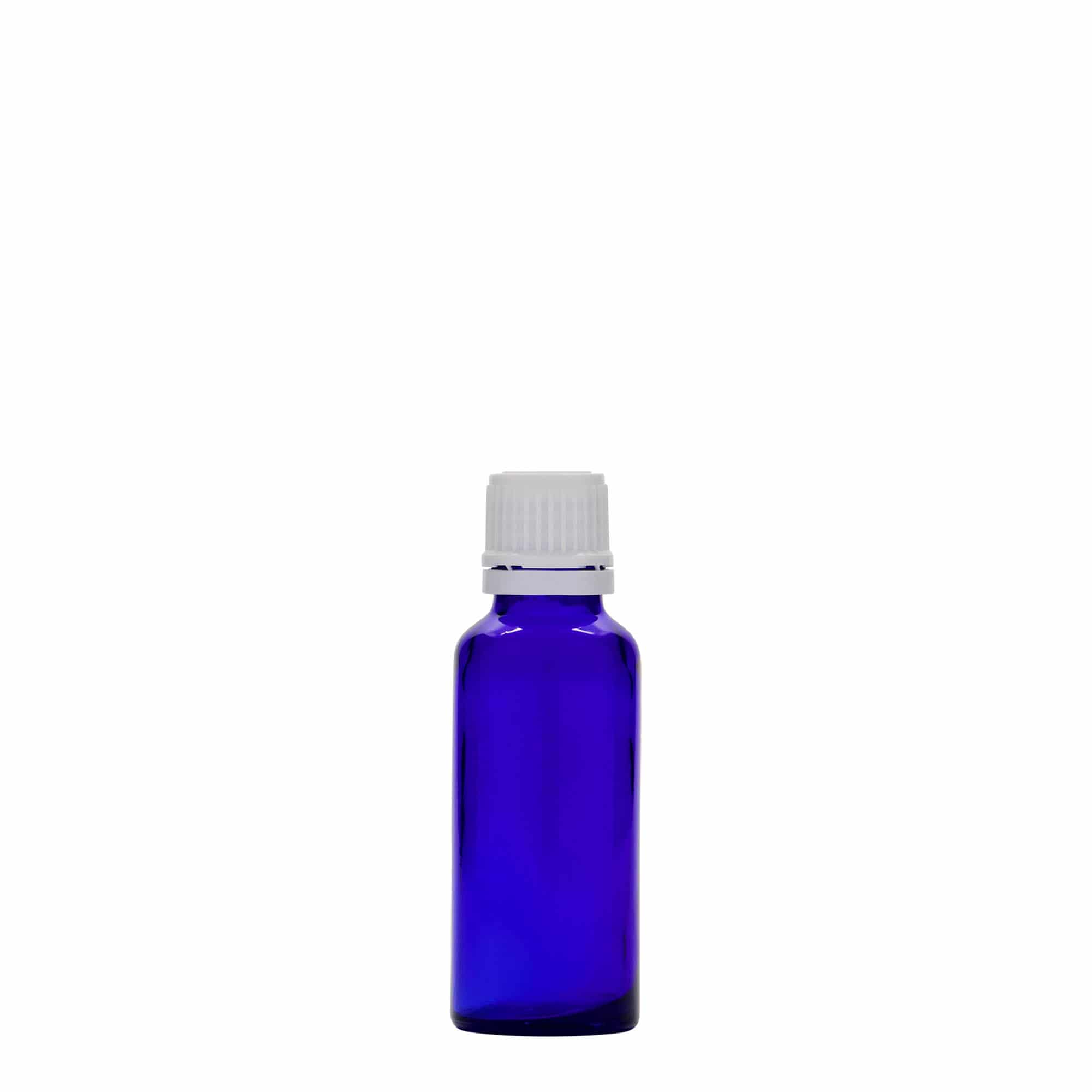 30 ml butelka medyczna, szkło, królewski niebieski, gwint: DIN 18