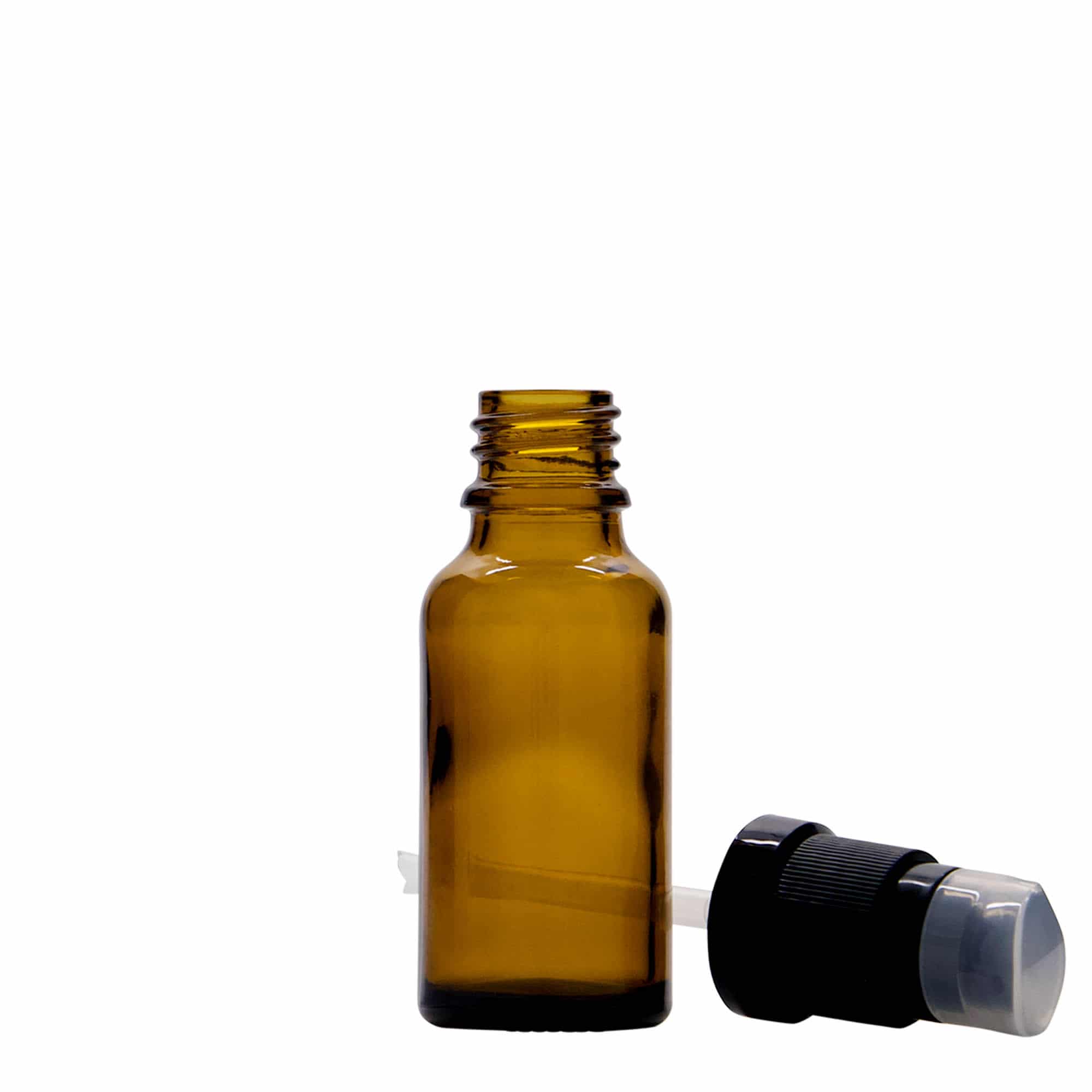 20 ml butelka medyczna z pompką do lotionu, szkło, brązowa, szyjka: DIN 18