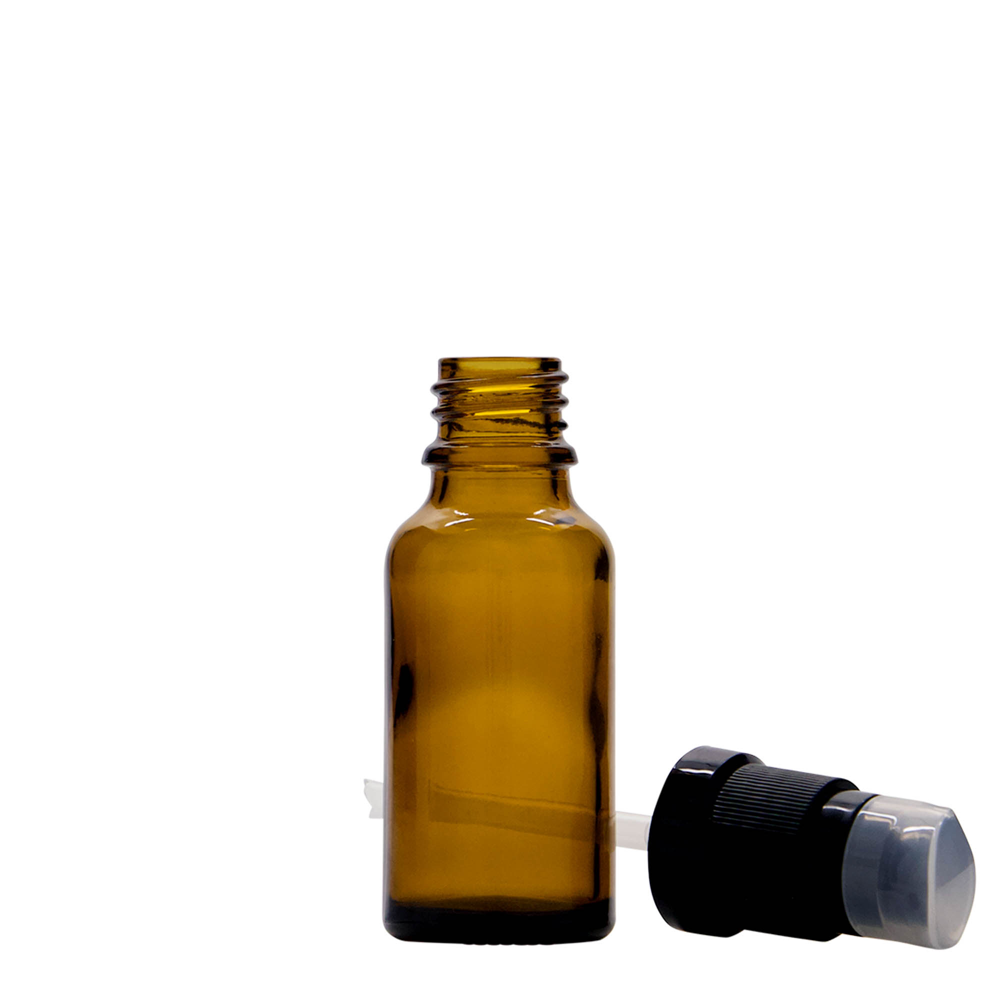 20 ml butelka medyczna z pompką do lotionu, szkło, brązowa, szyjka: DIN 18