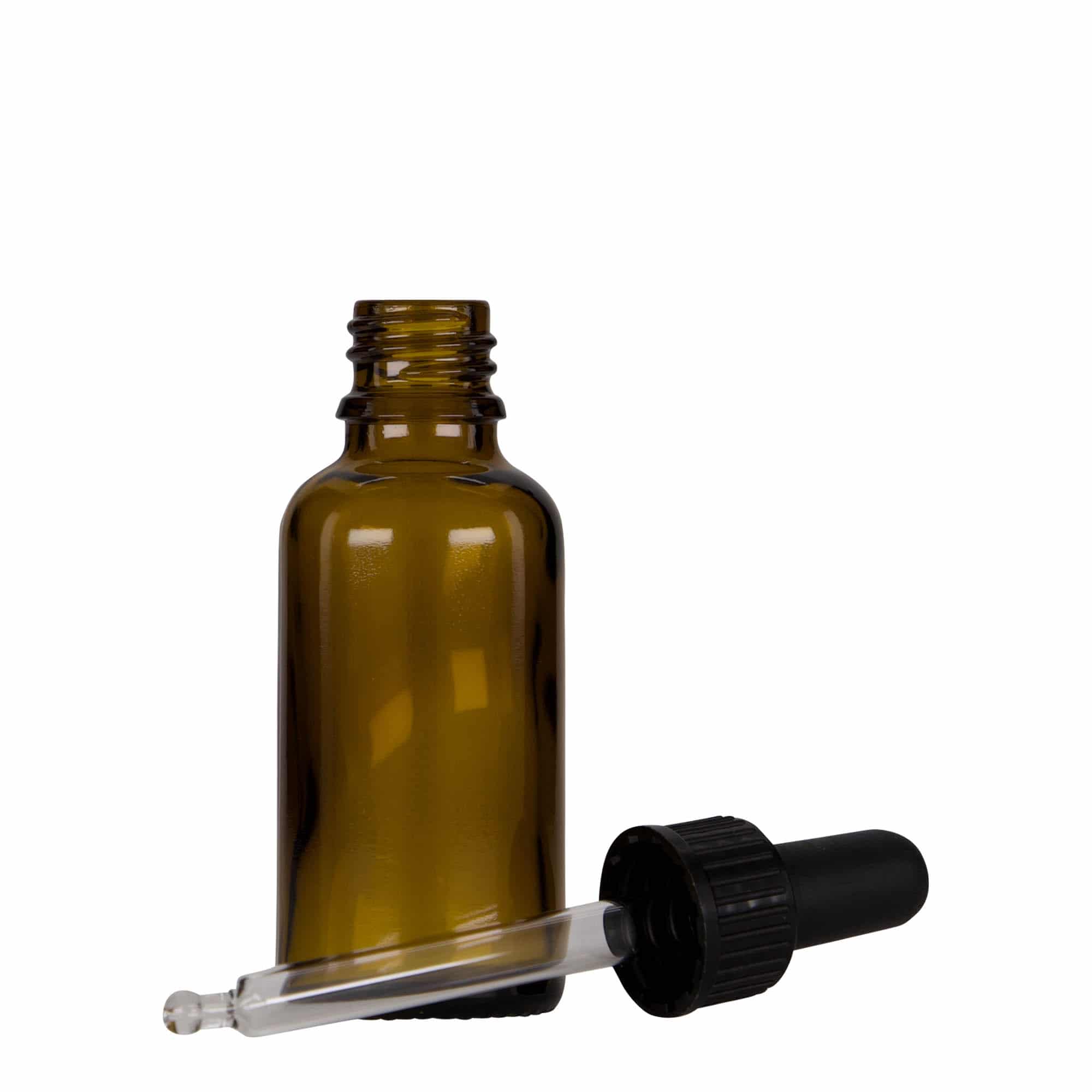 30 ml butelka farmaceutyczna z pipetą, szkło, kolor brązowo-czarny, zamknięcie: DIN 18