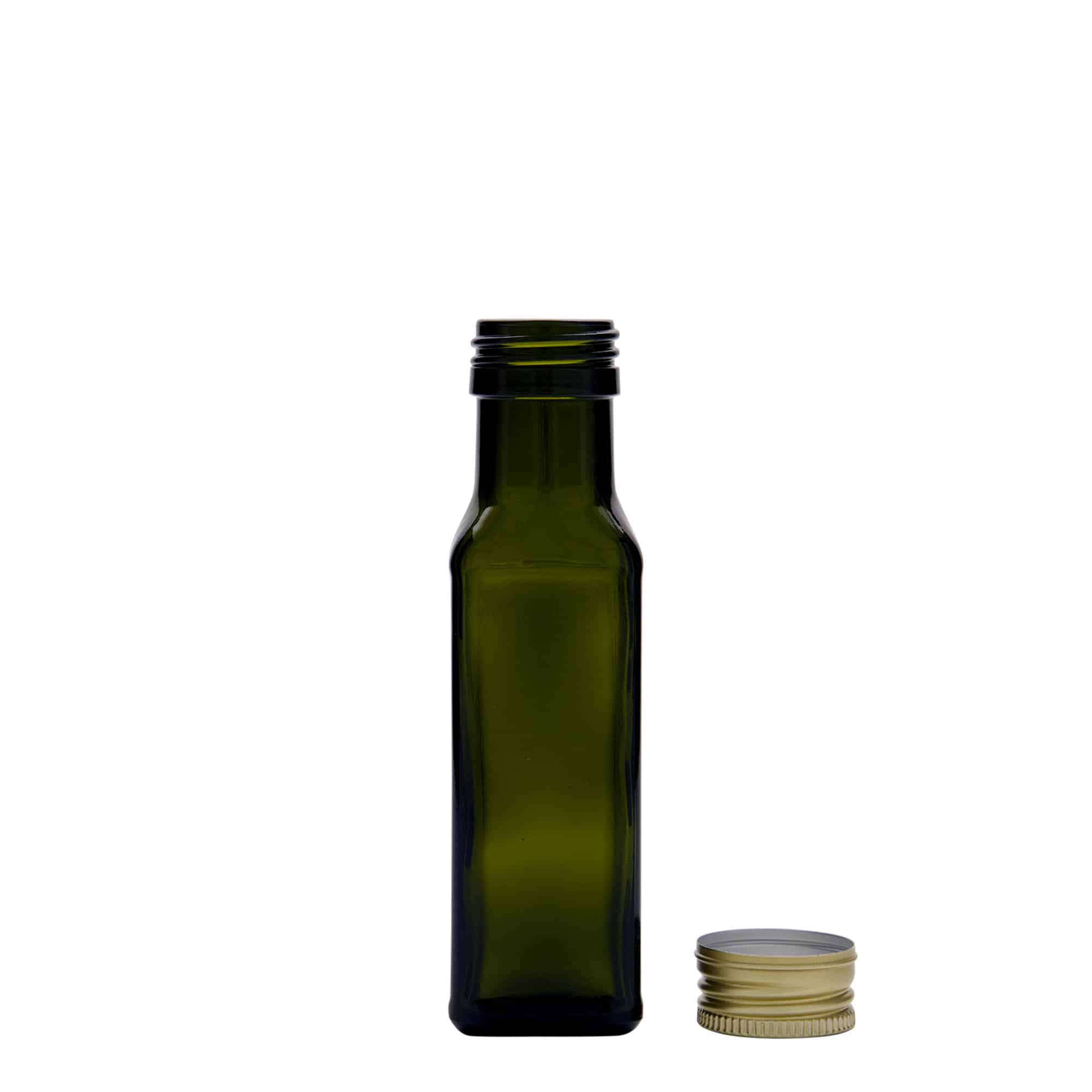 100 ml butelka szklana 'Marasca', kwadratowa, kolor zielony antyczny, zamknięcie: PP 31,5