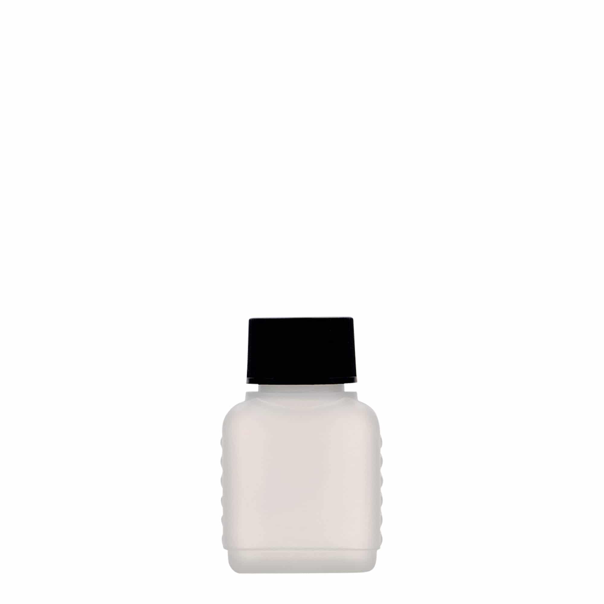 50 ml kanisterkowa butelka, prostokątna, tworzywo HDPE, naturalne, gwint: DIN 25 50 ml kanisterkowa butelka, prostokątna, tworzywo HDPE, naturalne, gwint: DIN 25