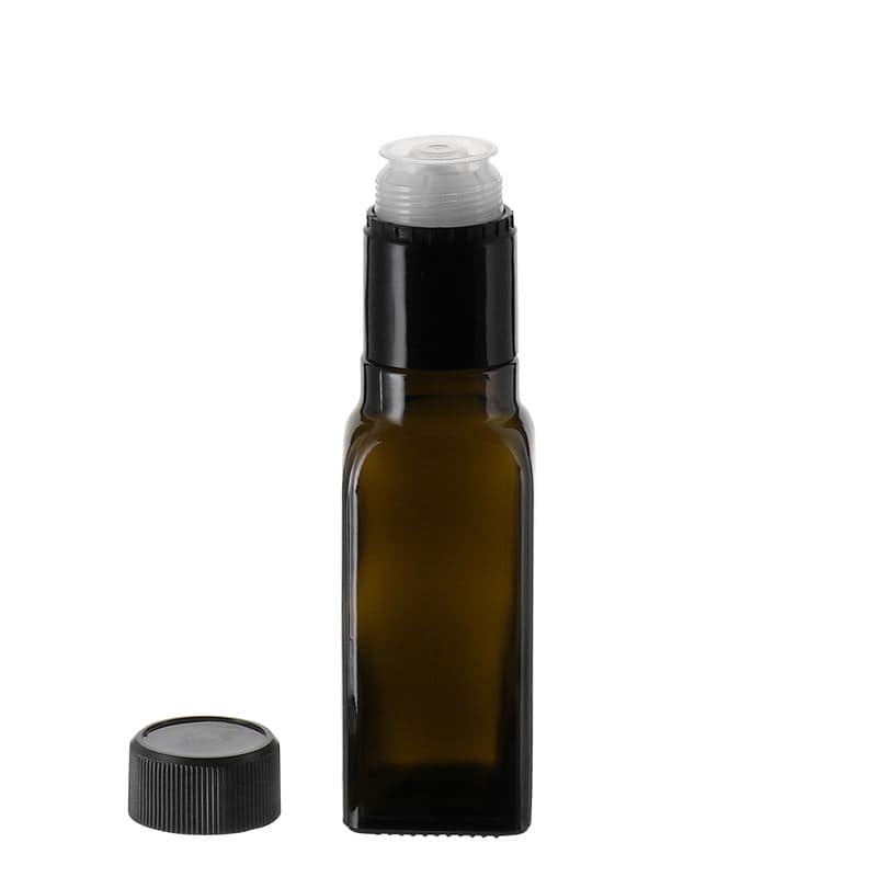 100 ml butelka na ocet/olej 'Quadra', szkło, kwadratowa, kolor zielony antyczny, zamknięcie: DOP