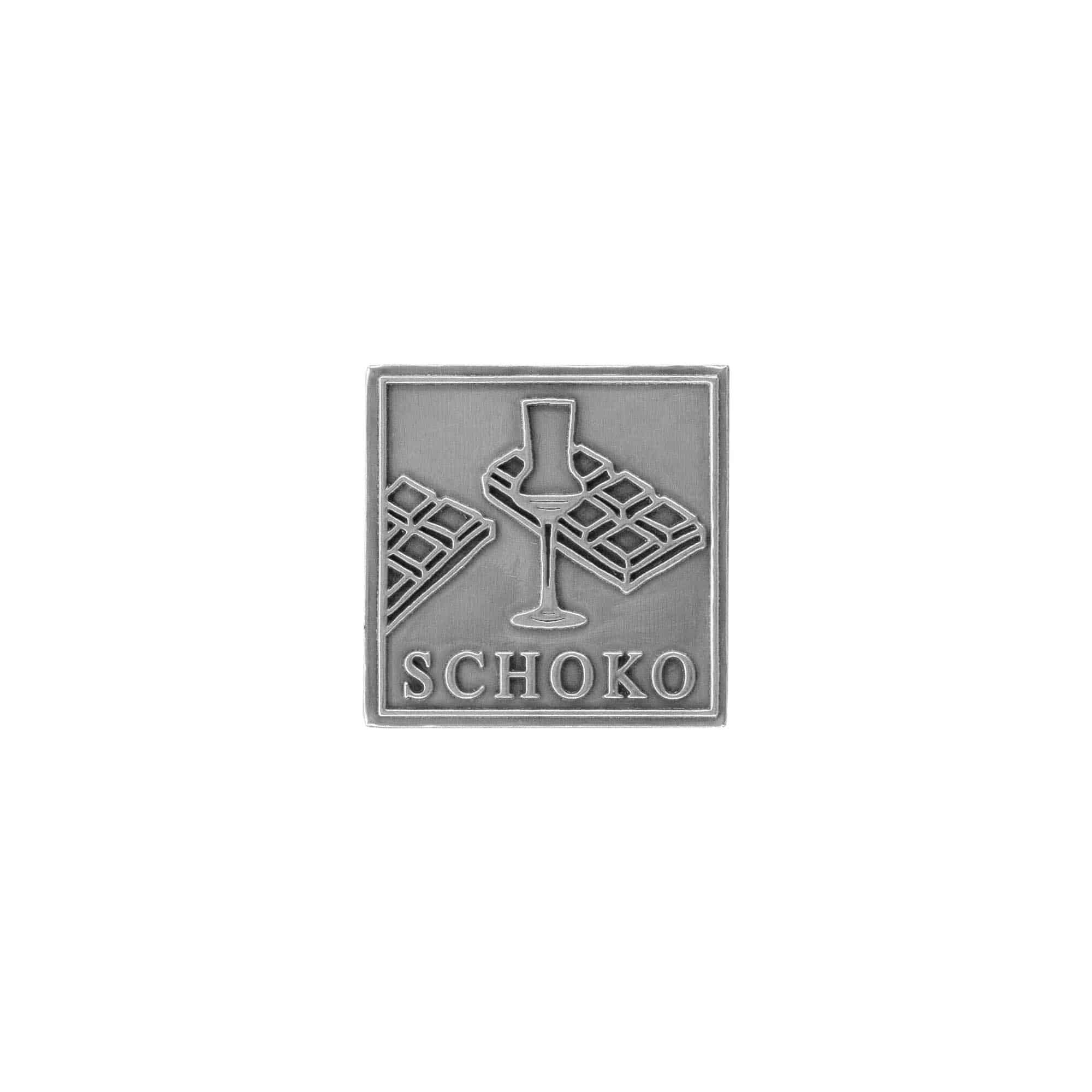 Etykieta cynowa „Schoko”, kwadratowa, metalowa, srebrna Etykieta cynowa „Schoko”, kwadratowa, metalowa, srebrna