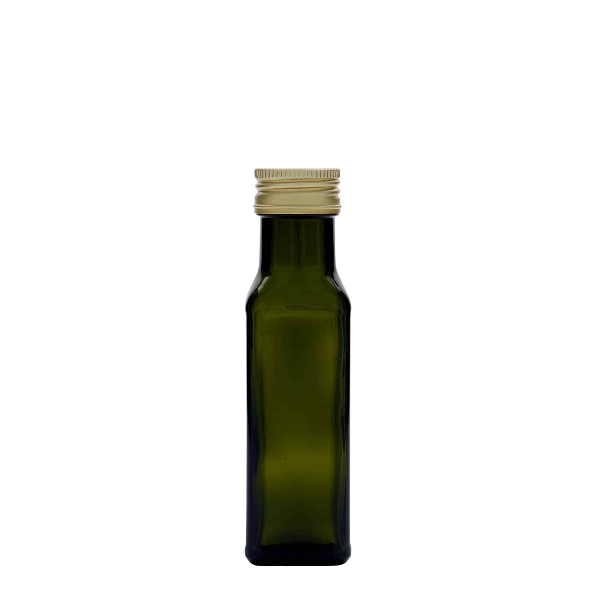 100 ml butelka szklana 'Marasca', kwadratowa, kolor zielony antyczny, zamknięcie: PP 31,5