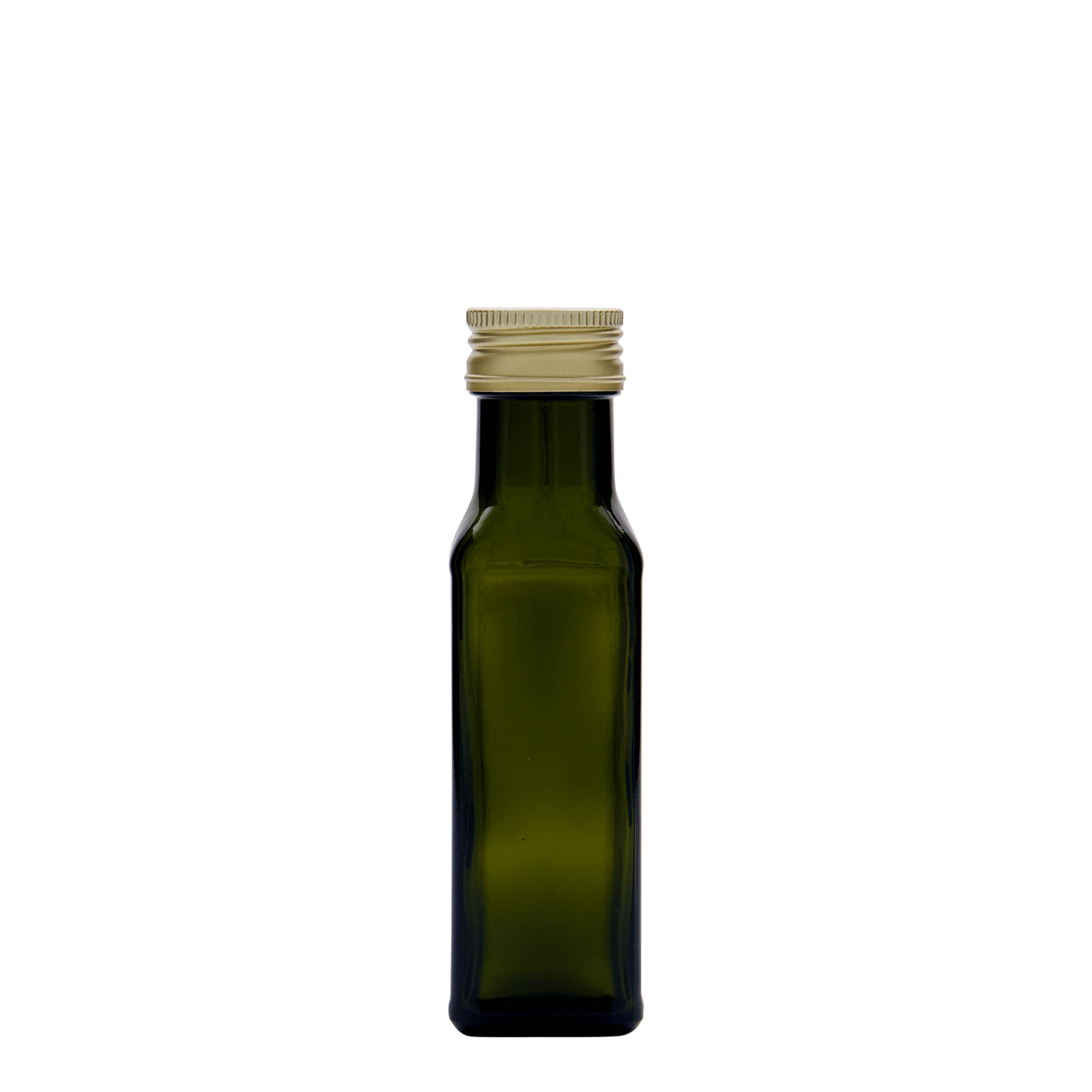 100 ml butelka szklana „Marasca”, kwadratowa, antyczny zielony, gwint: PP 31,5