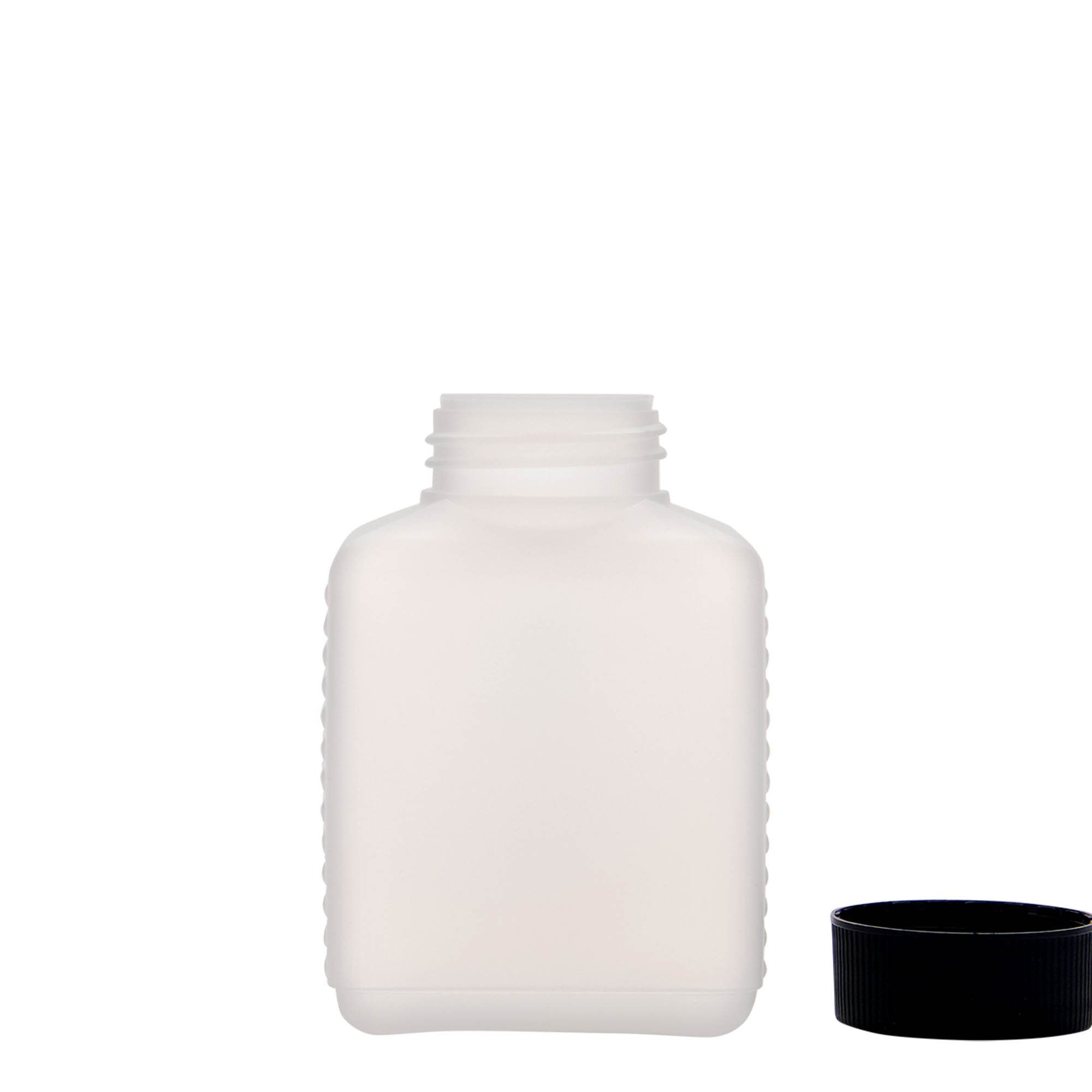 250 ml butelka szerokootworowa, prostokątna, tworzywo HDPE, naturalna, gwint: DIN 40 EPE
