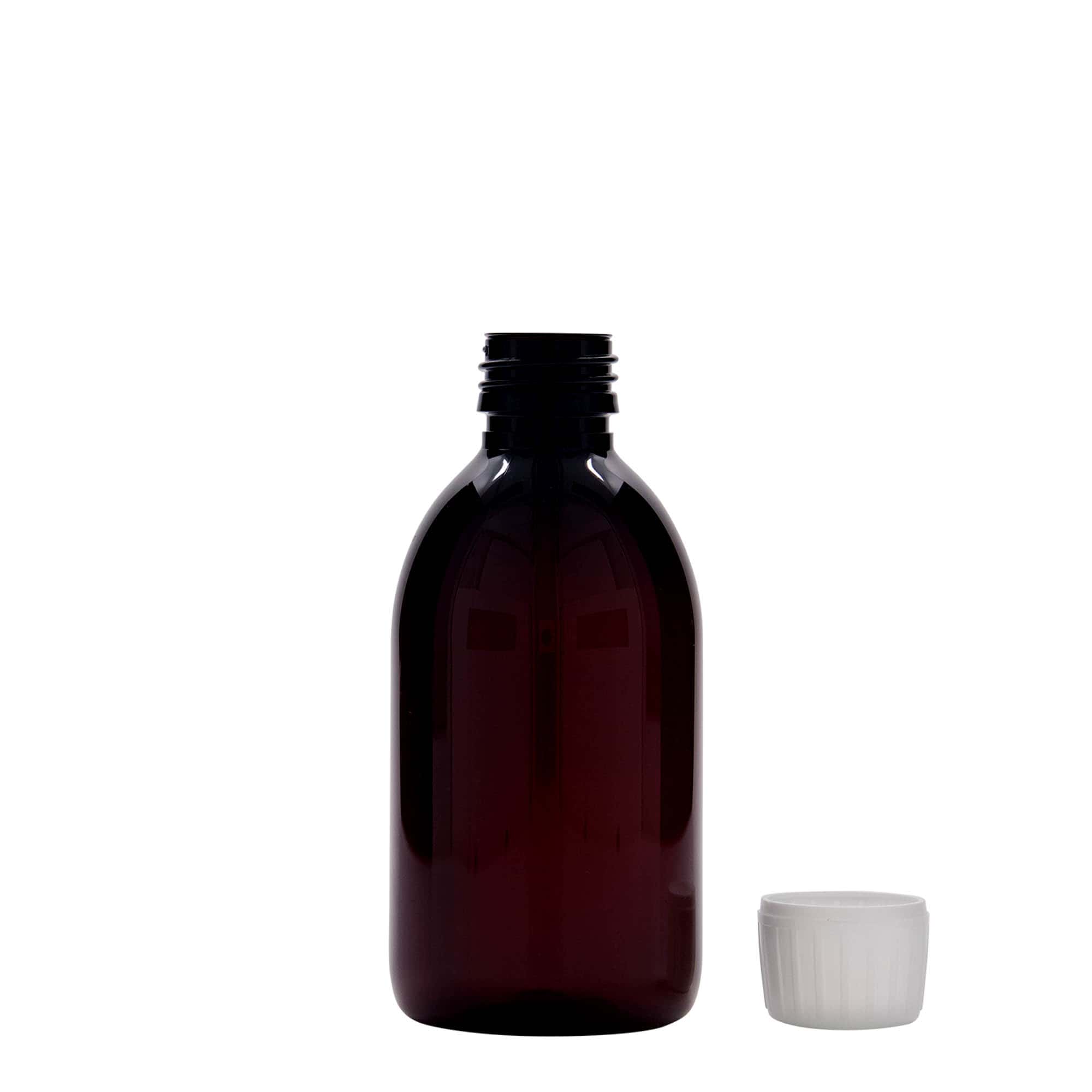 250 ml butelka medyczna PET, brązowa, plastik, gwint: PP 28