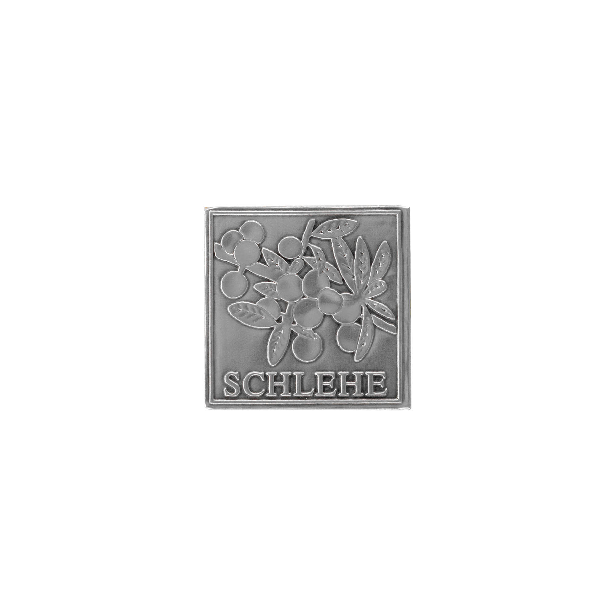 Metka cynowa „Schlehe”, kwadratowa, metalowa, srebrna Metka cynowa „Schlehe”, kwadratowa, metalowa, srebrna