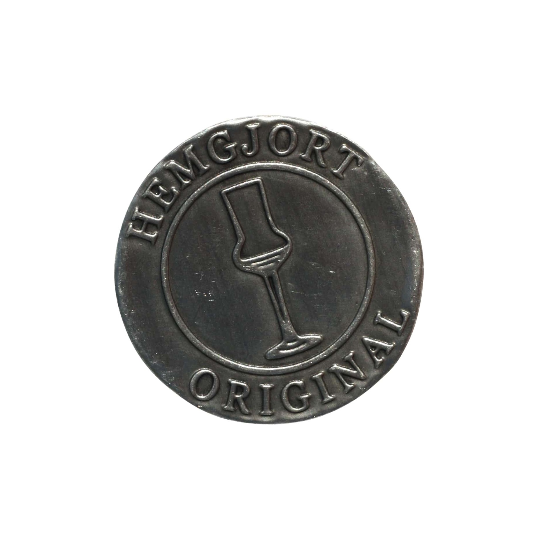 Etykieta cynowa „Hemgjort Original”, okrągła, metalowa, srebrna Etykieta cynowa „Hemgjort Original”, okrągła, metalowa, srebrna