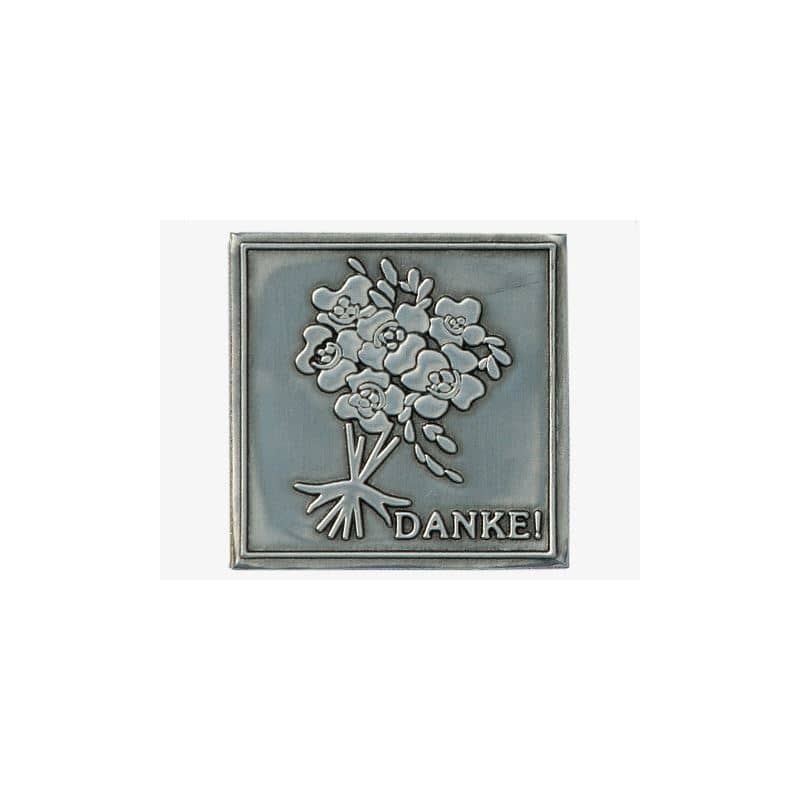 Etykieta cynowa 'Podziękowanie', kwadratowa, metal, kolor srebrny