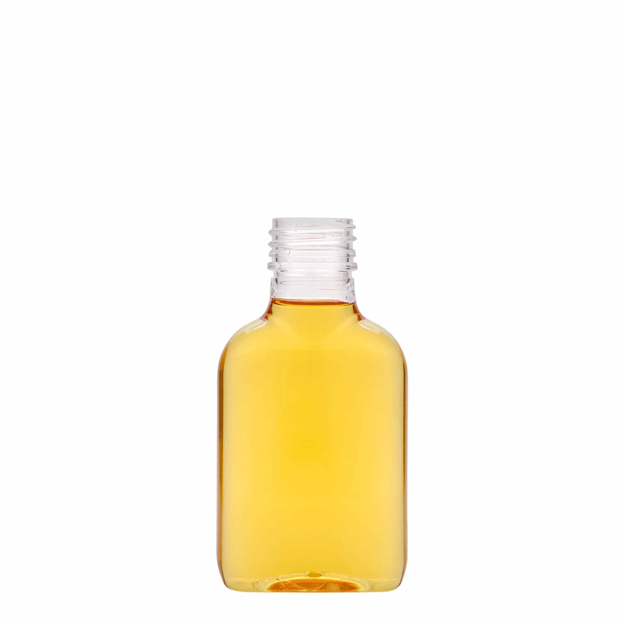 100 ml butelka piersiówka, owalna, tworzywo sztuczne PET, zamknięcie: PP 28