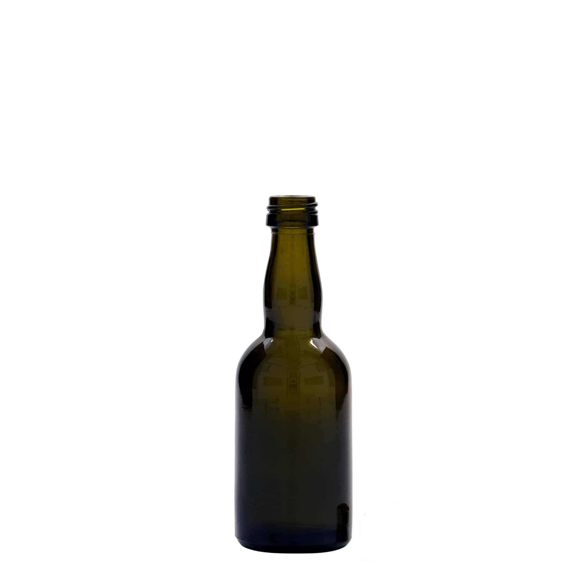 50 ml butelka szklana 'Proba', kolor zielony antyczny, zamknięcie: PP 18