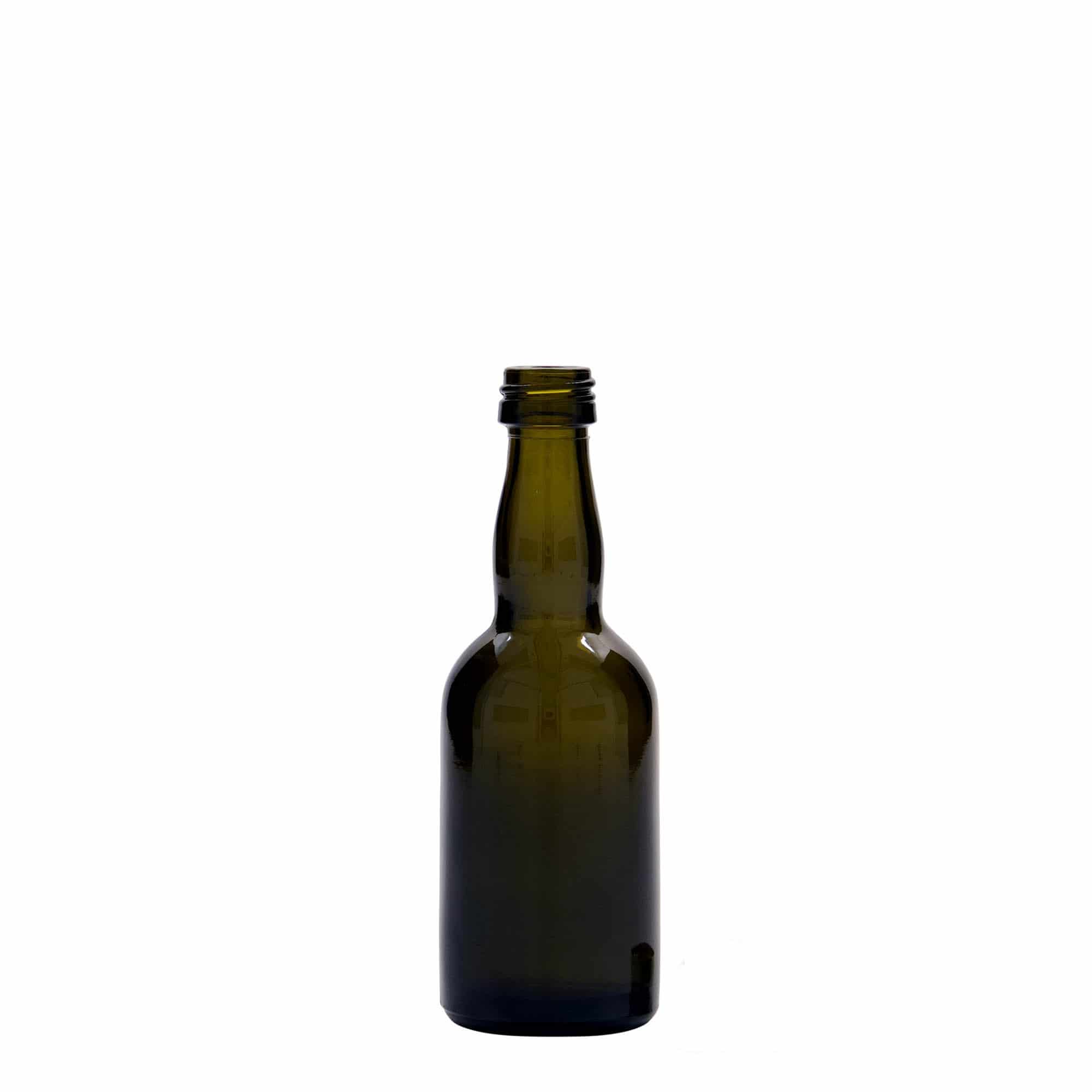 50 ml butelka szklana 'Proba', antyczna zieleń, gwint: PP 18