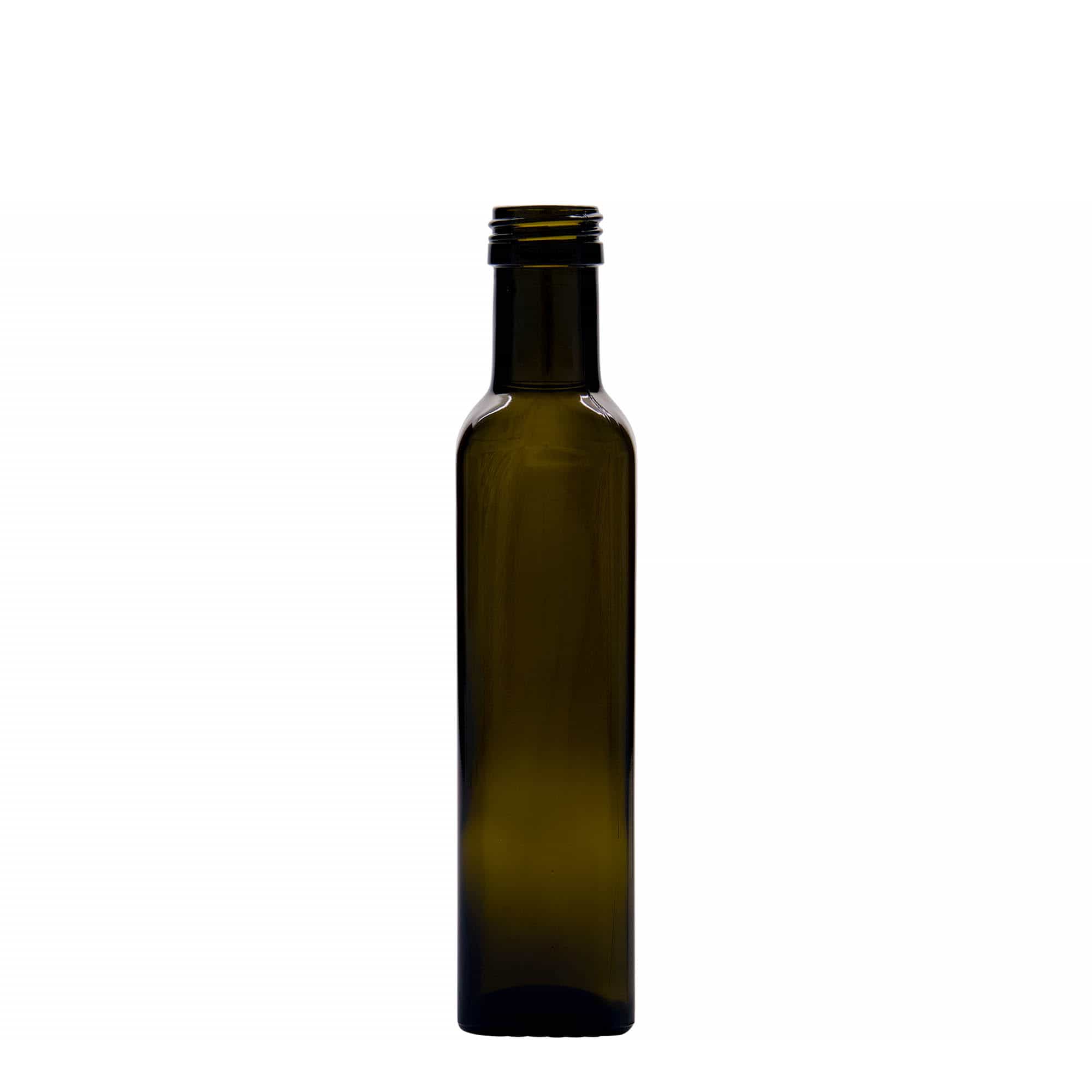 250 ml szklana butelka 'Marasca', kwadratowa, antyczna zieleń, szyjka: PP 31,5
