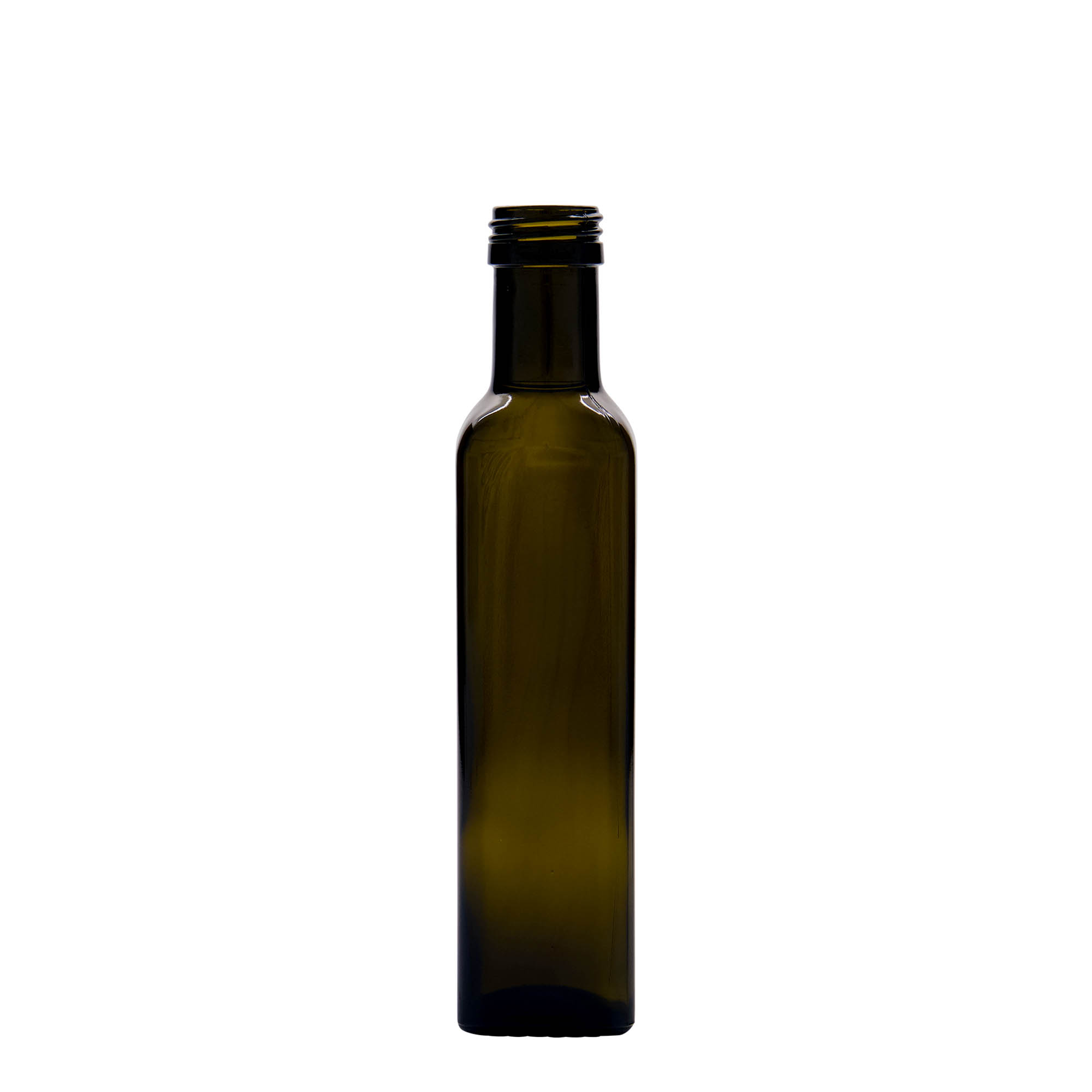250 ml szklana butelka 'Marasca', kwadratowa, antyczna zieleń, szyjka: PP 31,5