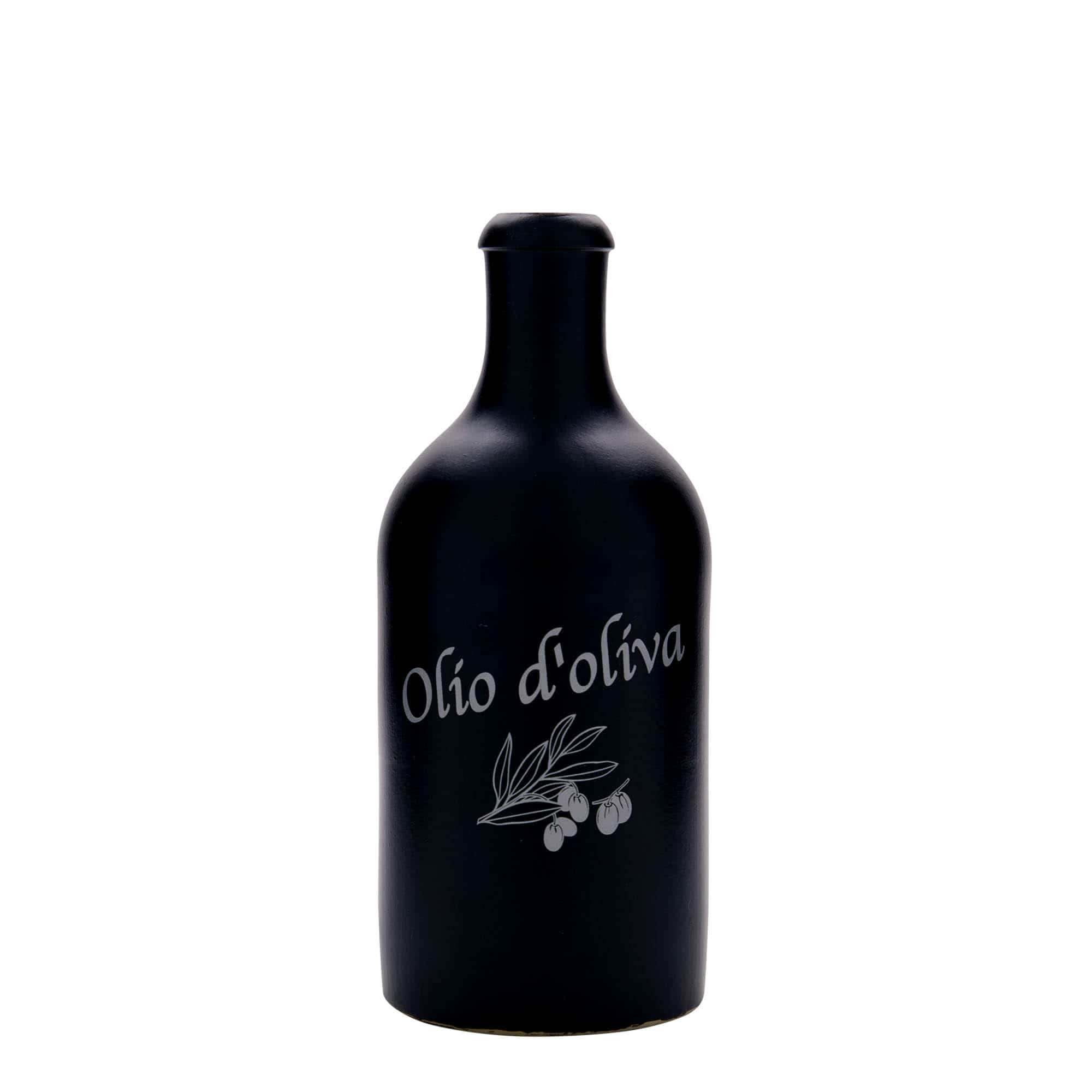 500 ml gliniany dzbanek, wzór: Olio d'Oliva, kamionka, kolor czarny, zamknięcie: korek