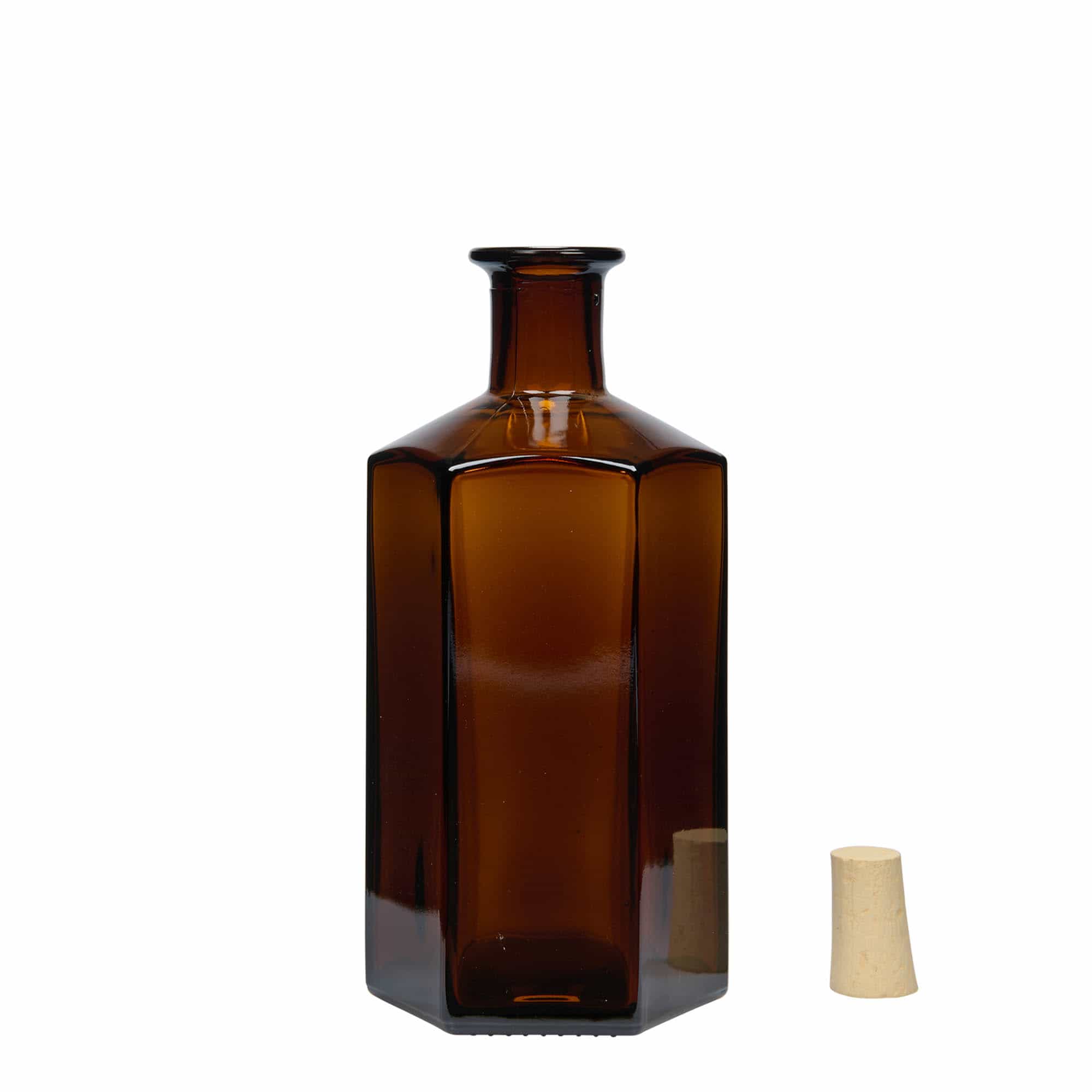 500 ml butelka szklana apteczna 'Jimmy'. sześciokątna. brązowy. zamknięcie: korek