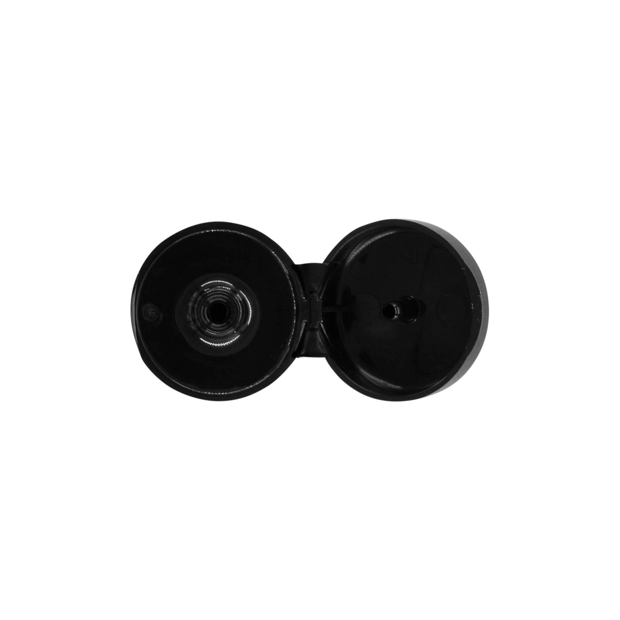 Zakrętka z zawiasem klapowym, tworzywo sztuczne PP, czarna, do gwintu: 20/410 Zakrętka z zawiasem klapowym, tworzywo sztuczne PP, czarna, do gwintu: 20/410