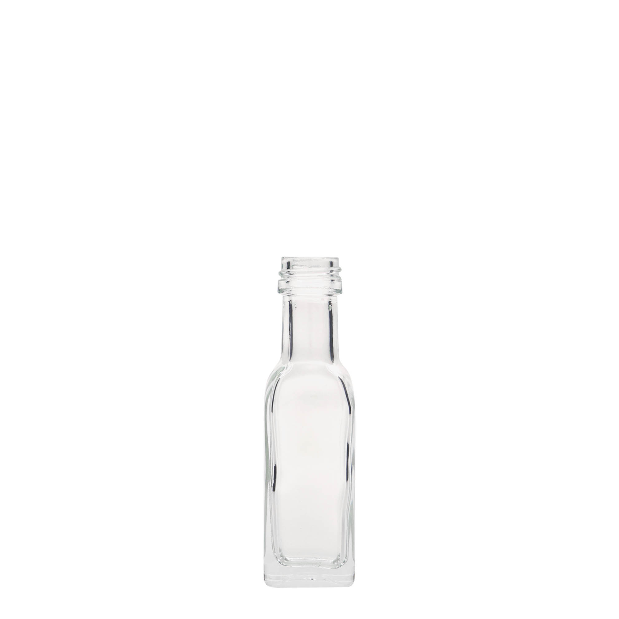 20 ml butelka szklana 'Marasca', kwadratowa, szyjka: PP 18 20 ml butelka szklana 'Marasca', kwadratowa, szyjka: PP 18